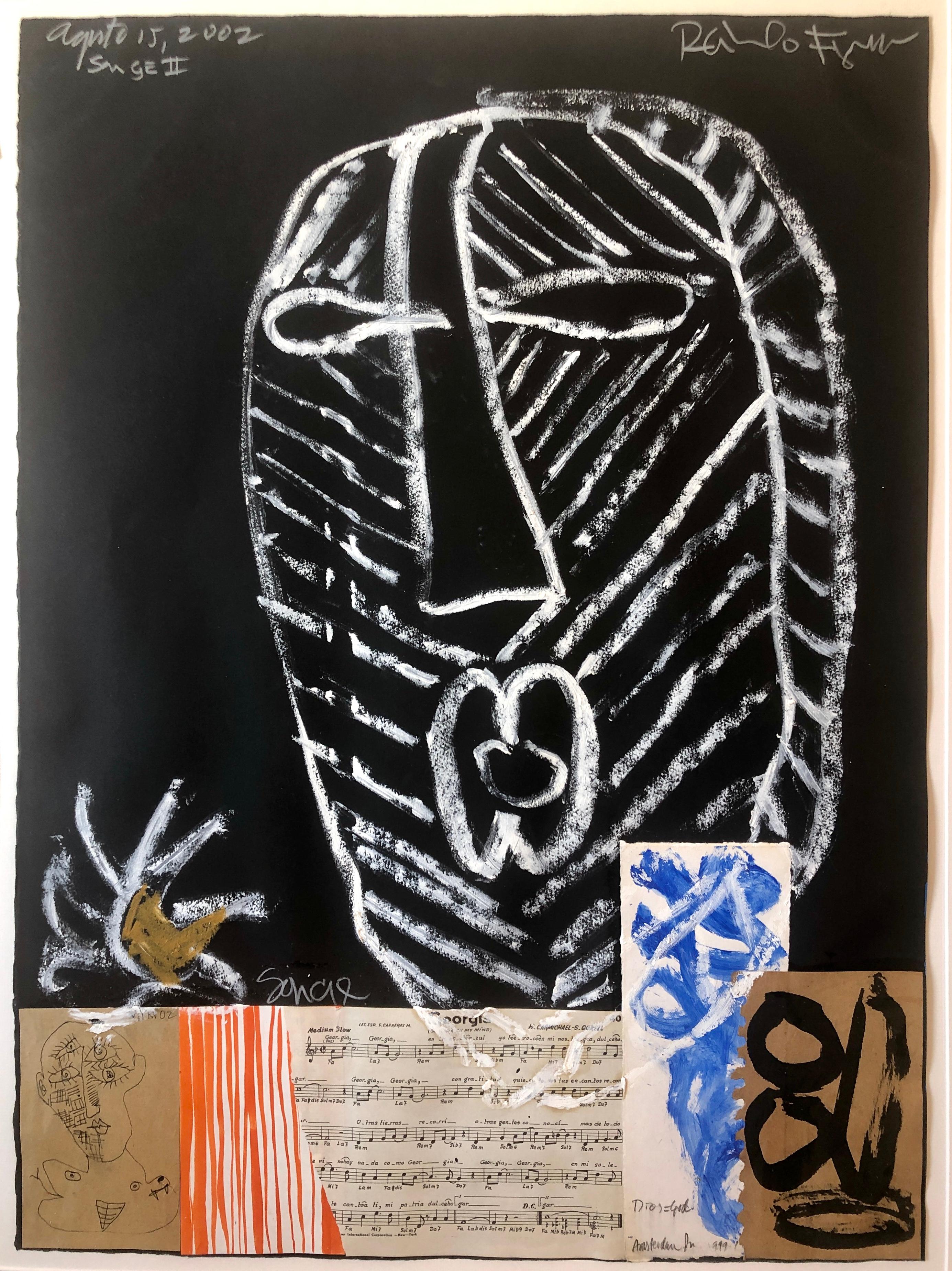 Maestro modernista puertorriqueño Figueroa Pintura en técnica mixta Collage de notas musicales - Abstract Painting Negro de Raimundo Figueroa