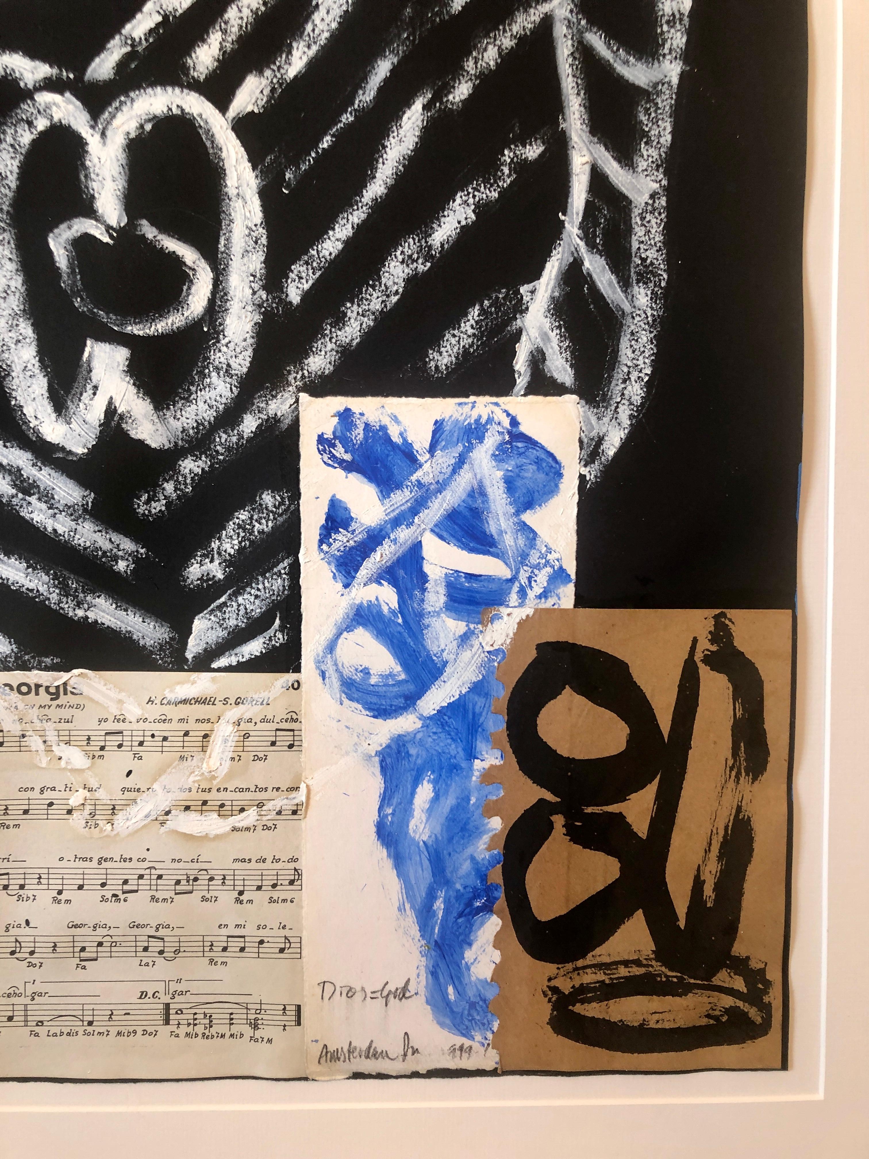 Maestro modernista puertorriqueño Figueroa Pintura en técnica mixta Collage de notas musicales en venta 1