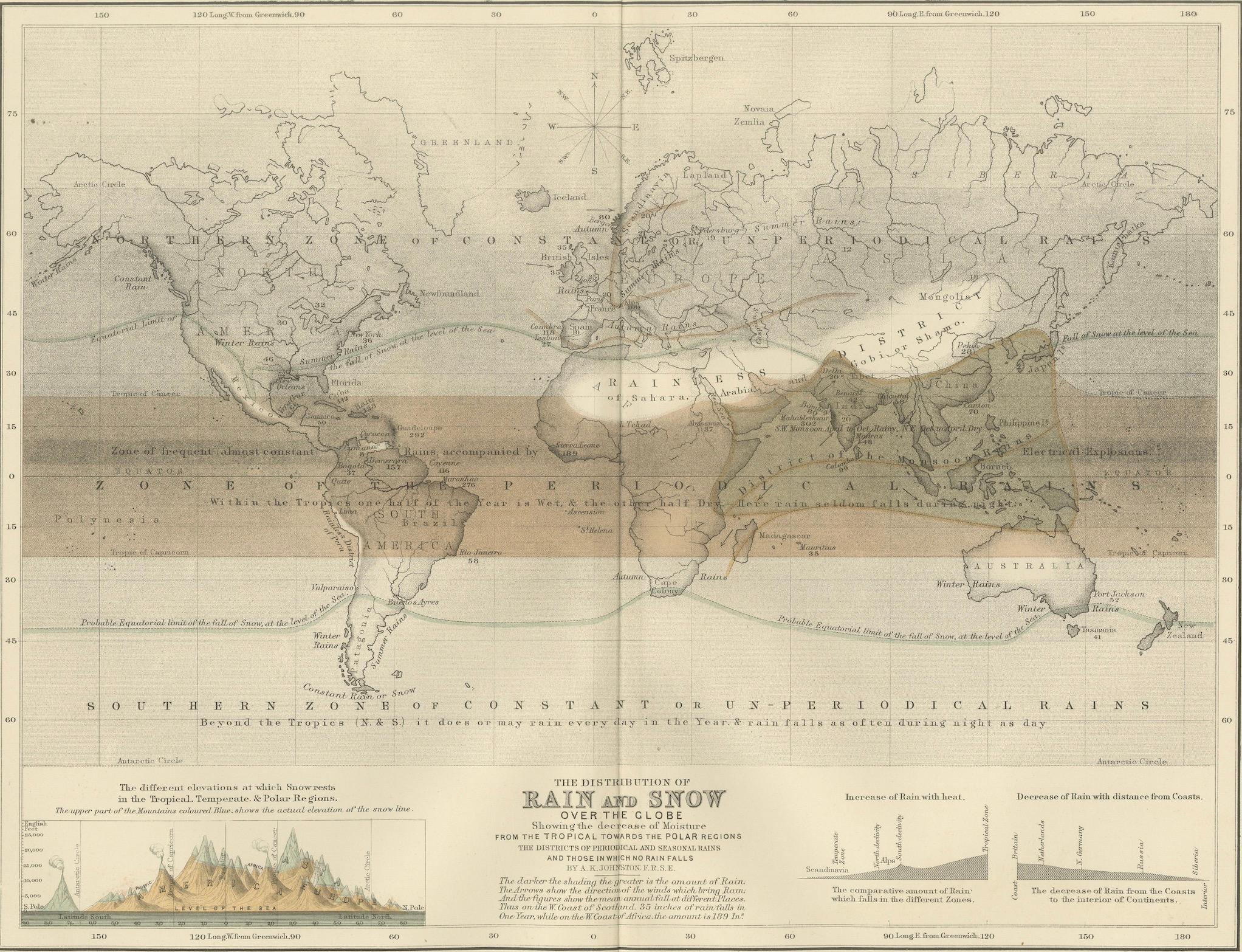 Rain and Snow Map by A.K. Johnston – Global Precipitation Chart 1852 For Sale 4