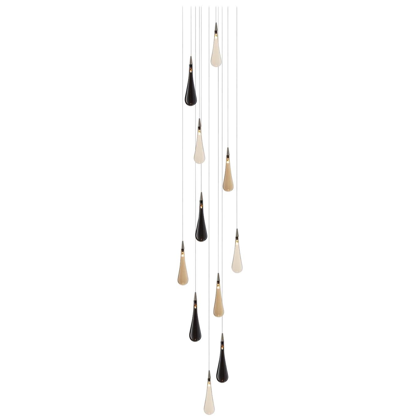 Rain Drop 11, Blown Mixed Glass Pendant Foyer Chandelier by Shakuff