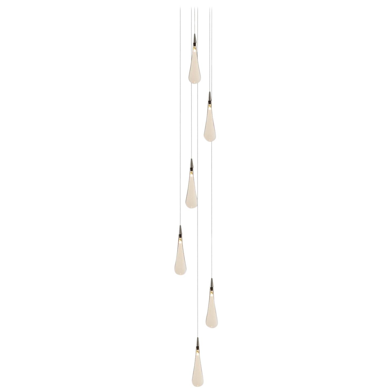 Rain Drop 6, 2.25" Dia x 7.5" H Blown Glass Foyer Chandelier by Shakuff For Sale