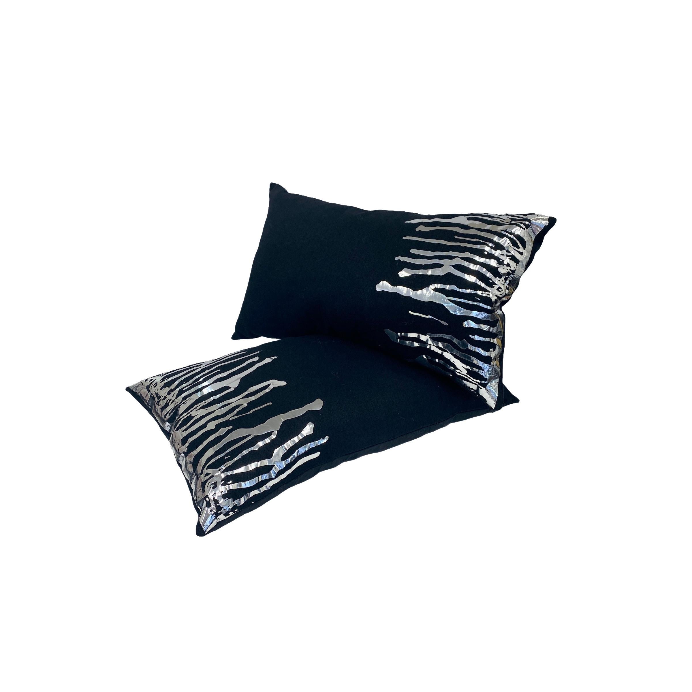 100% Belgian natural linen decorative pillow with silver rain drop motif. Composed of very soft linen. Midnight black and silver combo. This pillow was dreamt up by our in-house design studio in Manhattan. Design inspired by rain drop runoff.