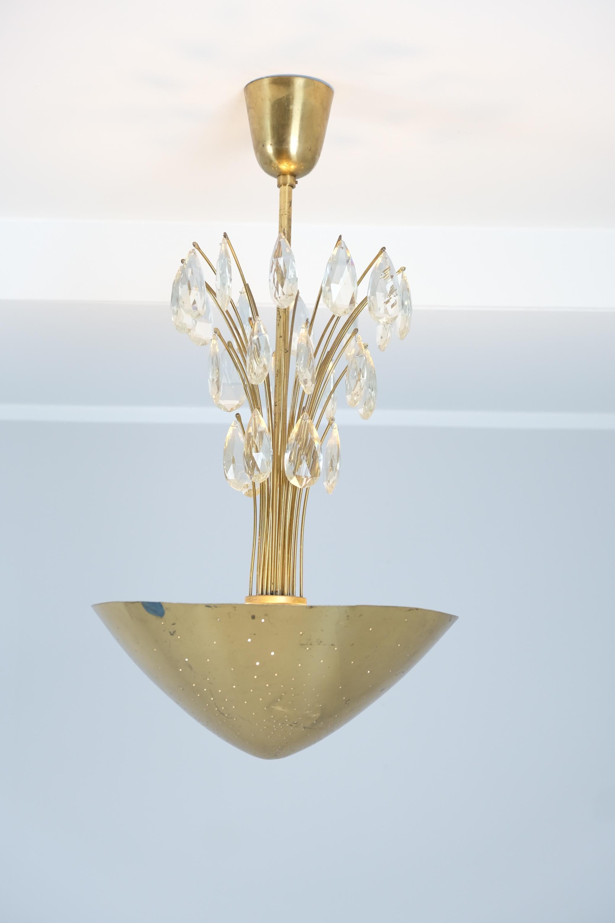 Mid-20th Century Rain Drops Perforated Brass Lisa Johansson-Papé Chandelier 61-373, Orno 1950s For Sale