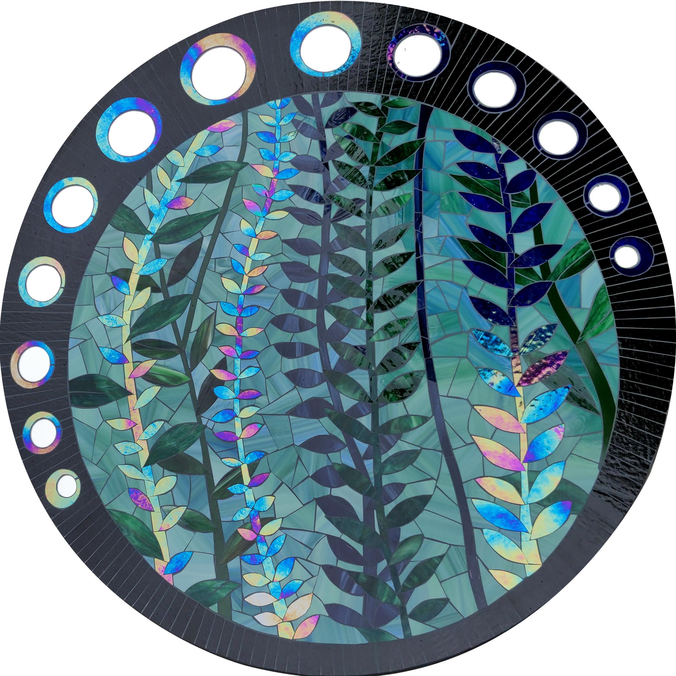 Rain Forest wall sculpture by Myriam Hubert.
Dimensions: W 96 x H 96 cm.
Materials: 'Glass marquetry' with mirror inlays.

Intended for residential and hotel interiors, Myriam Hubert's wall compositions evoke stained glass with a new approach.