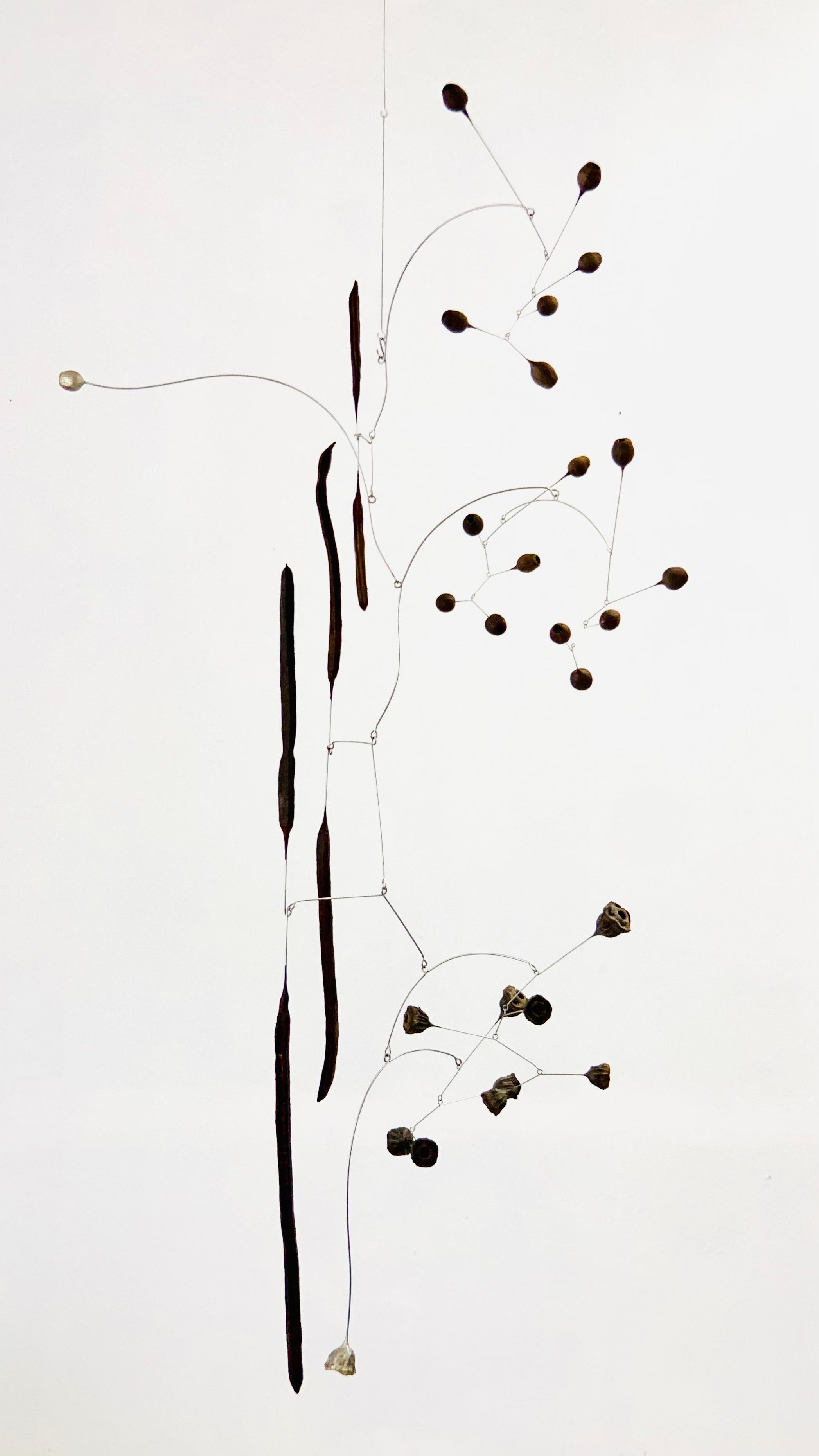 Sculpture suspendue à la pluie de Karolina Maszkiewicz
Unique en son genre.
Dimensions : P 91,4 x L 91,4 x H 177,8 cm. 
MATERIAL : Bronze blanc, acier inoxydable, eucalyptus et gousses de graines en médaillon doré.

Karolina Maszkiewicz est une