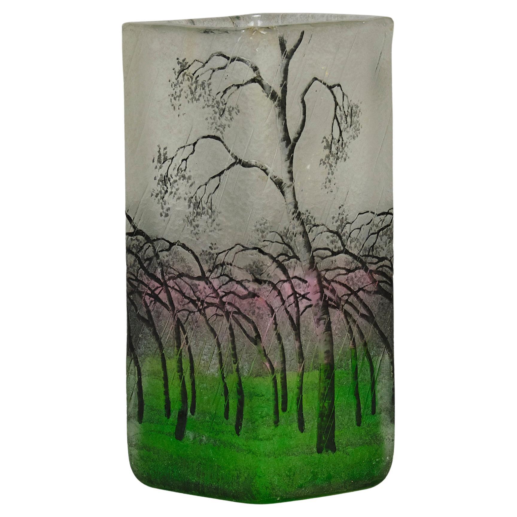 Jarrón de cristal Art Nouveau de principios del siglo XX titulado "Jarrón de lluvia" de Daum Frères