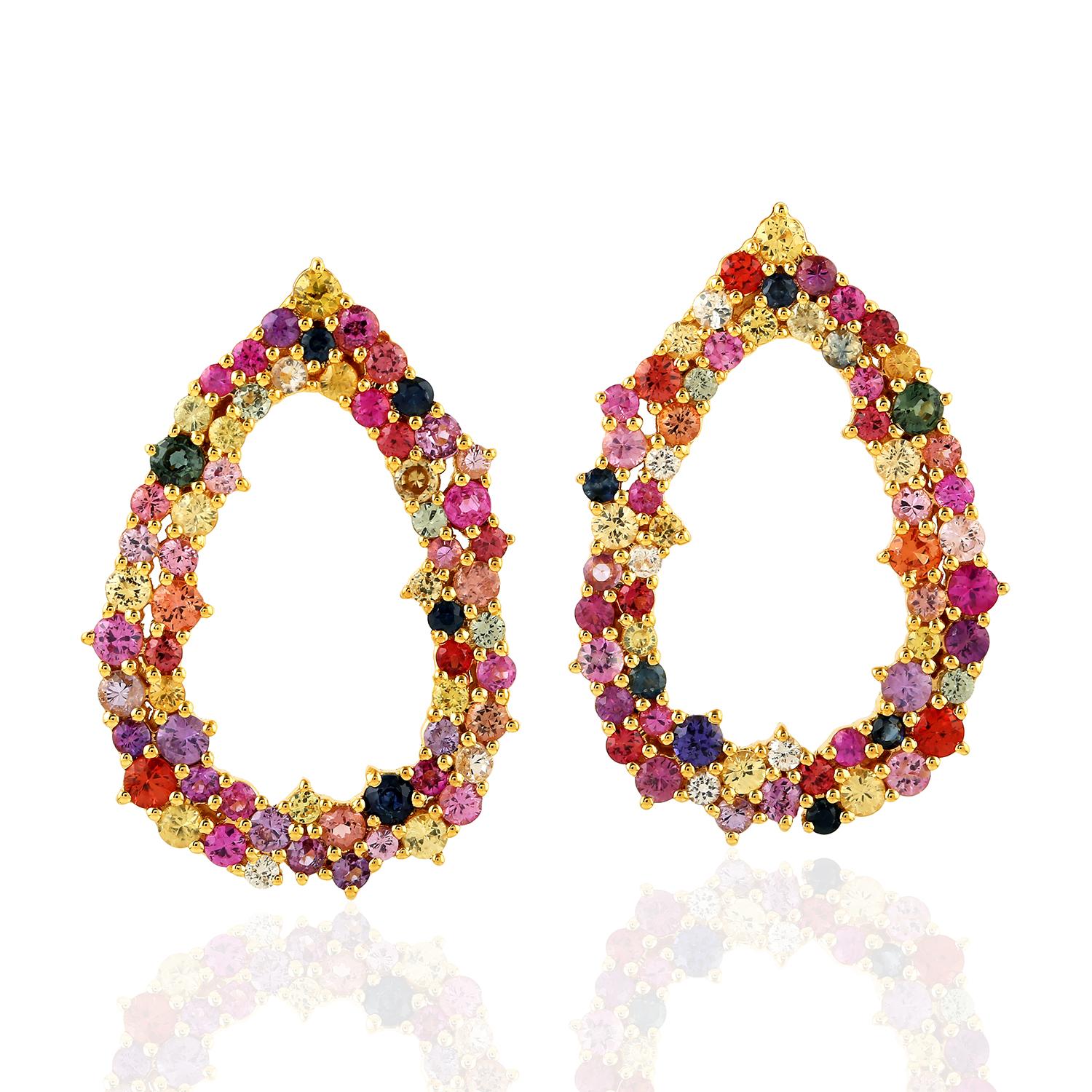 Mixed Cut Multi Sapphire 18 Karat Gold Rainbow Negative Space Earrings For Sale