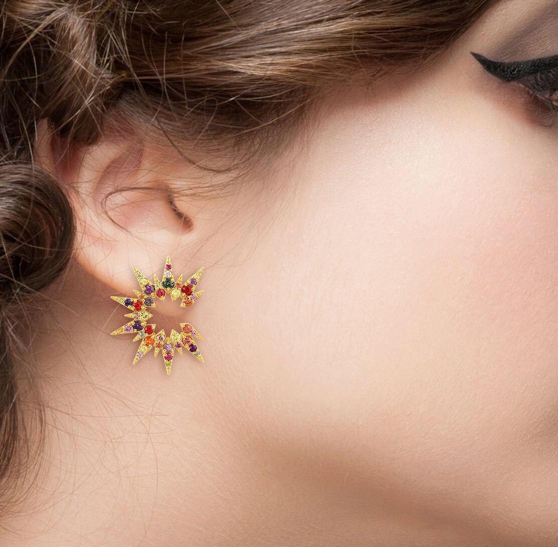 These rainbow multi sapphire earrings are true stunners.  Handcrafted of 18K gold & 2.91 carats of multi color sapphires in vibrant blue, pink, orange, red & green sapphires.  

FOLLOW  MEGHNA JEWELS storefront to view the latest collection &