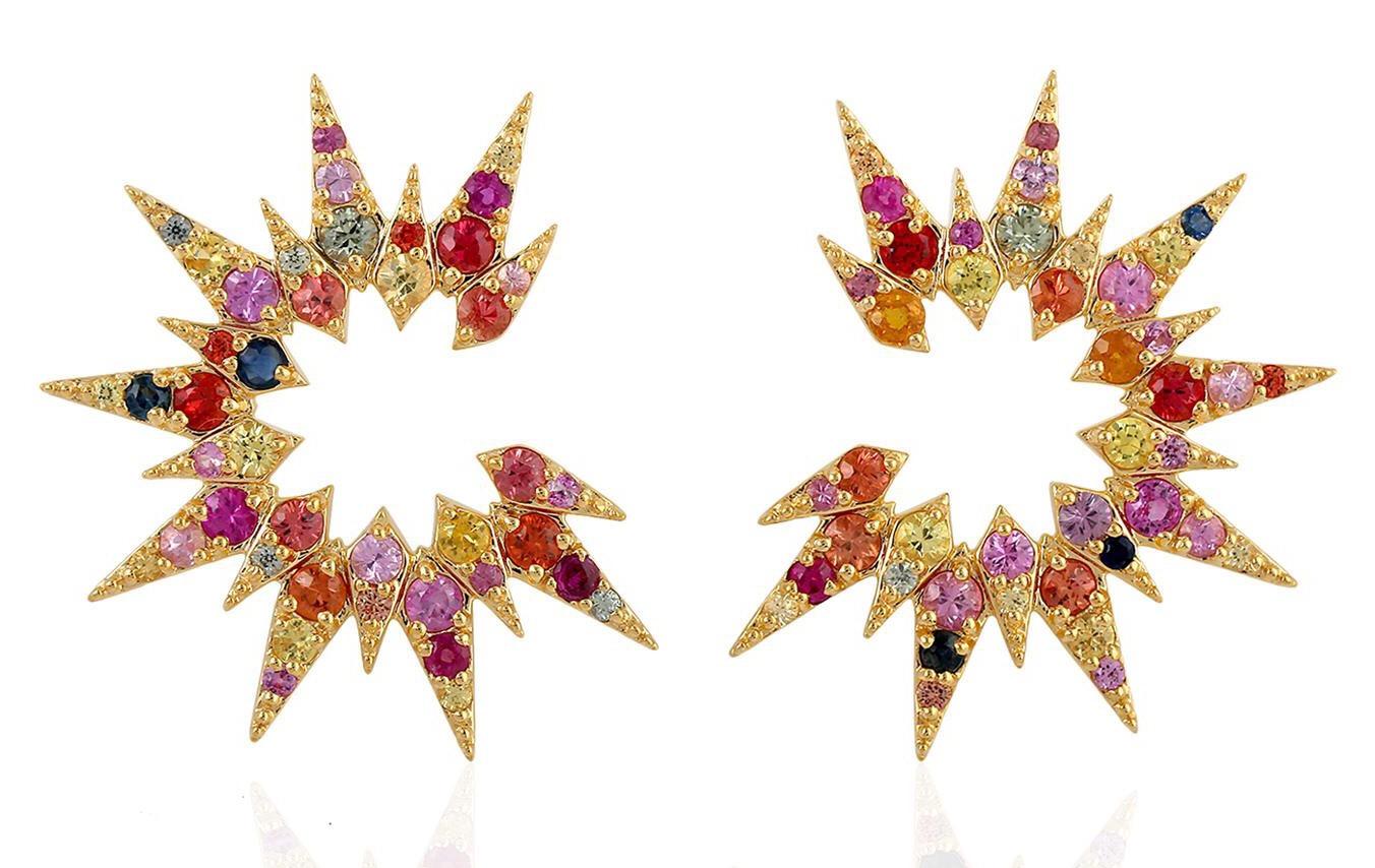 Modern Multi Sapphire 18 Karat Gold Spike Rainbow Earrings For Sale
