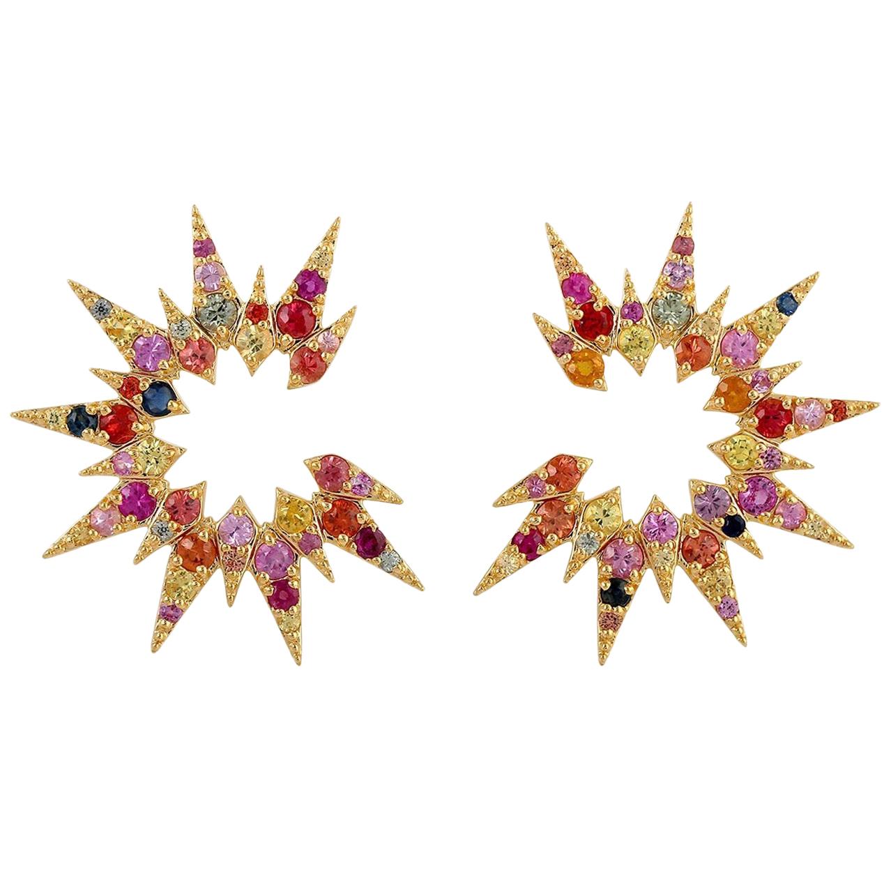 Multi Sapphire 18 Karat Gold Spike Rainbow Earrings For Sale