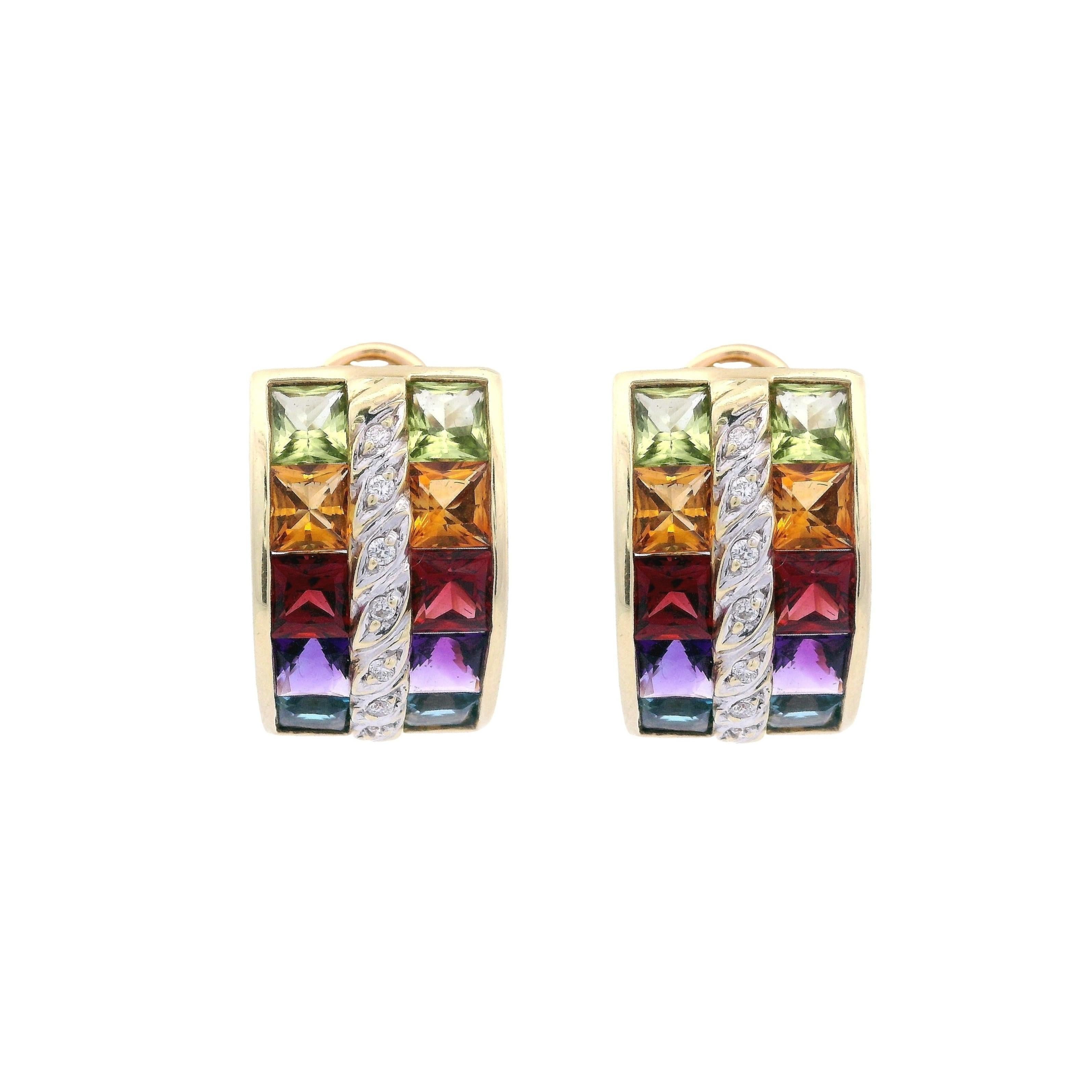 Pendientes Arco Iris de Oro de 18 Kt con Piedras Preciosas Multicolor y Diamantes Corte princesa en venta