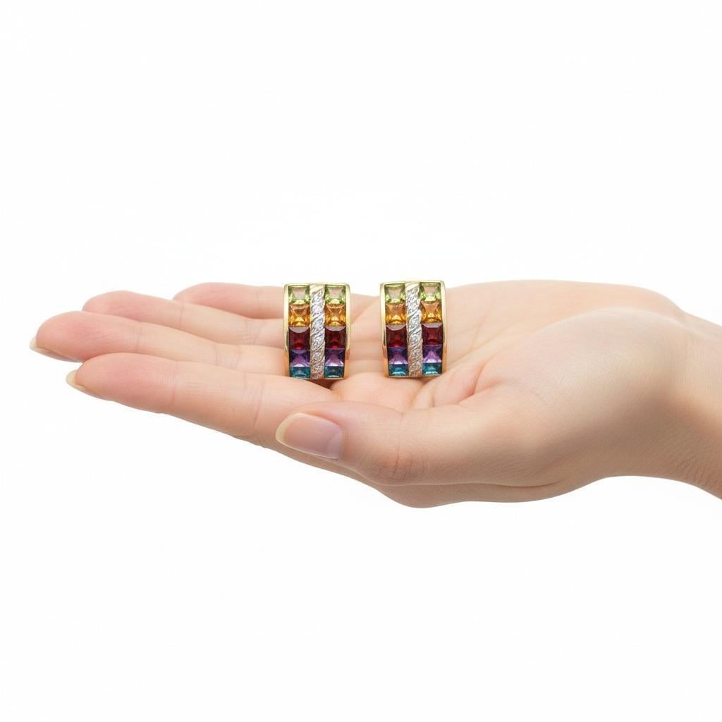 Pendientes Arco Iris de Oro de 18 Kt con Piedras Preciosas Multicolor y Diamantes en venta 3