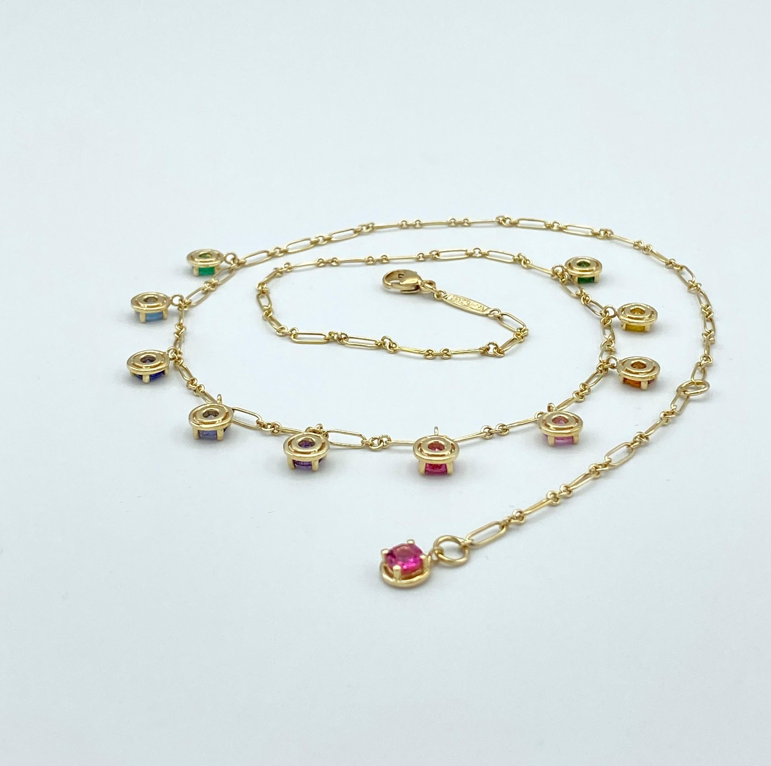 Round Cut Rainbow Aquamarine Emerald Sapphire Gemstone Handmade Necklace 18 Kt Gold For Sale