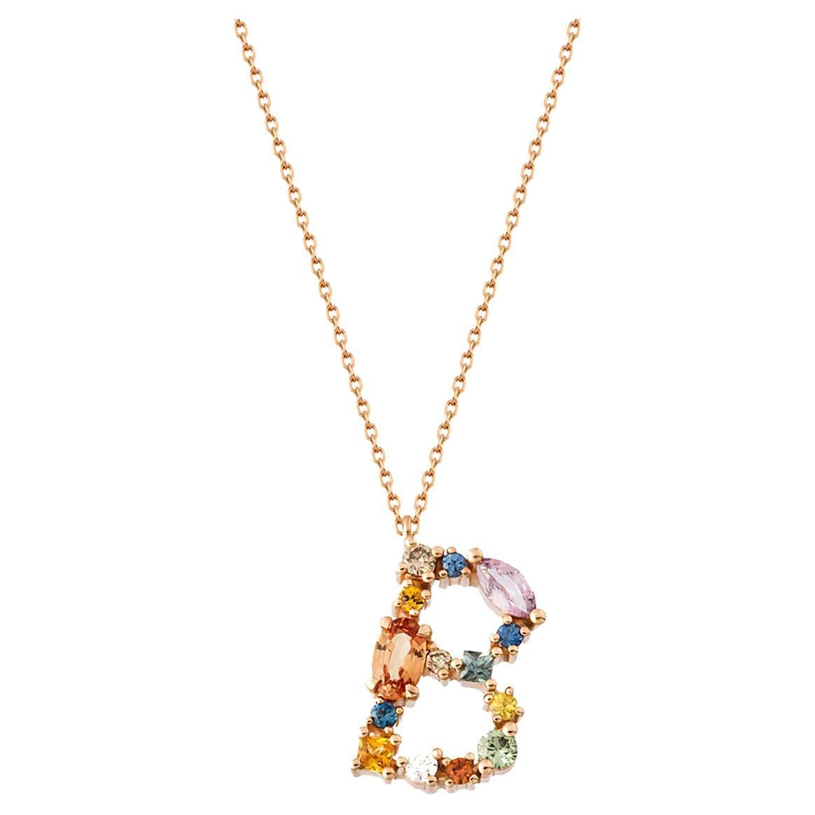 Rainbow B Letter with Diamonds, Sapphires Necklace, Christmas Gift Collection For Sale