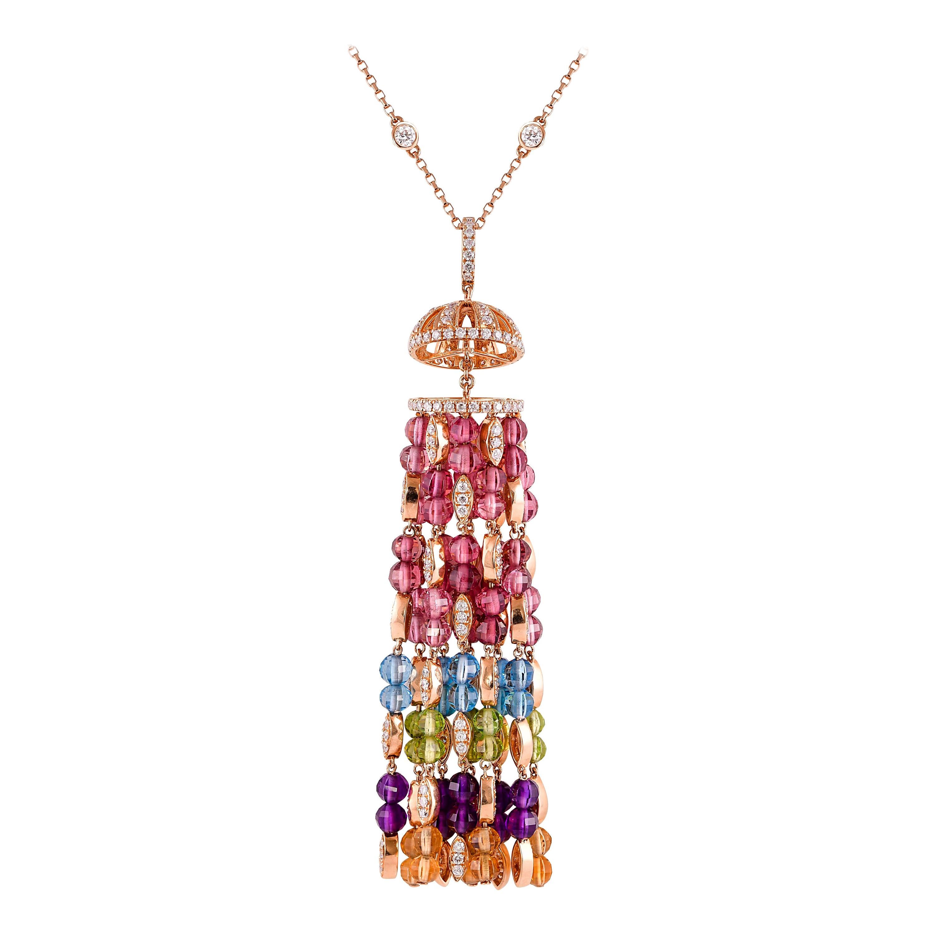 Rainbow Beaded Ball Necklace with Diamond in 18 Karat Rose Gold For Sale