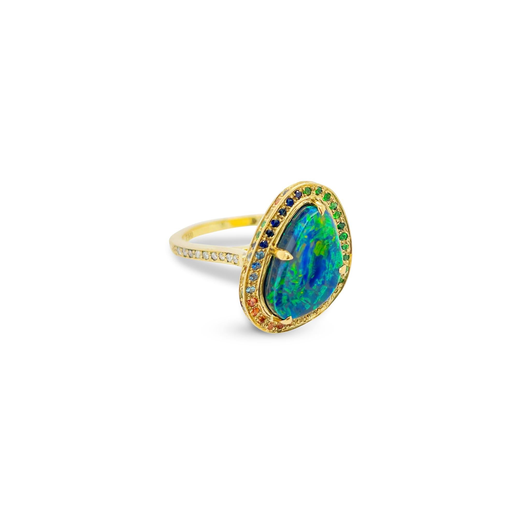 For Sale:  Rainbow Black Australian Opal Ring with Sapphires and 18ct Yellow Gold 2