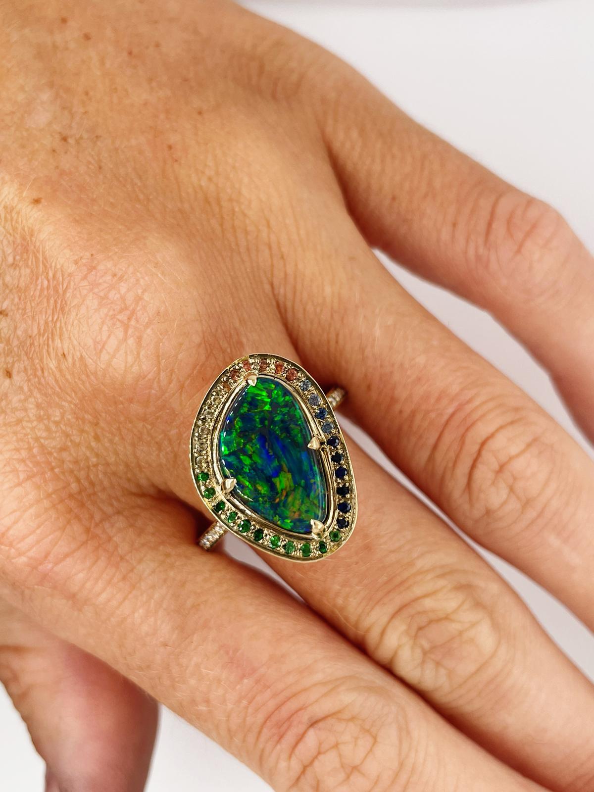 For Sale:  Rainbow Black Australian Opal Ring with Sapphires and 18ct Yellow Gold 3