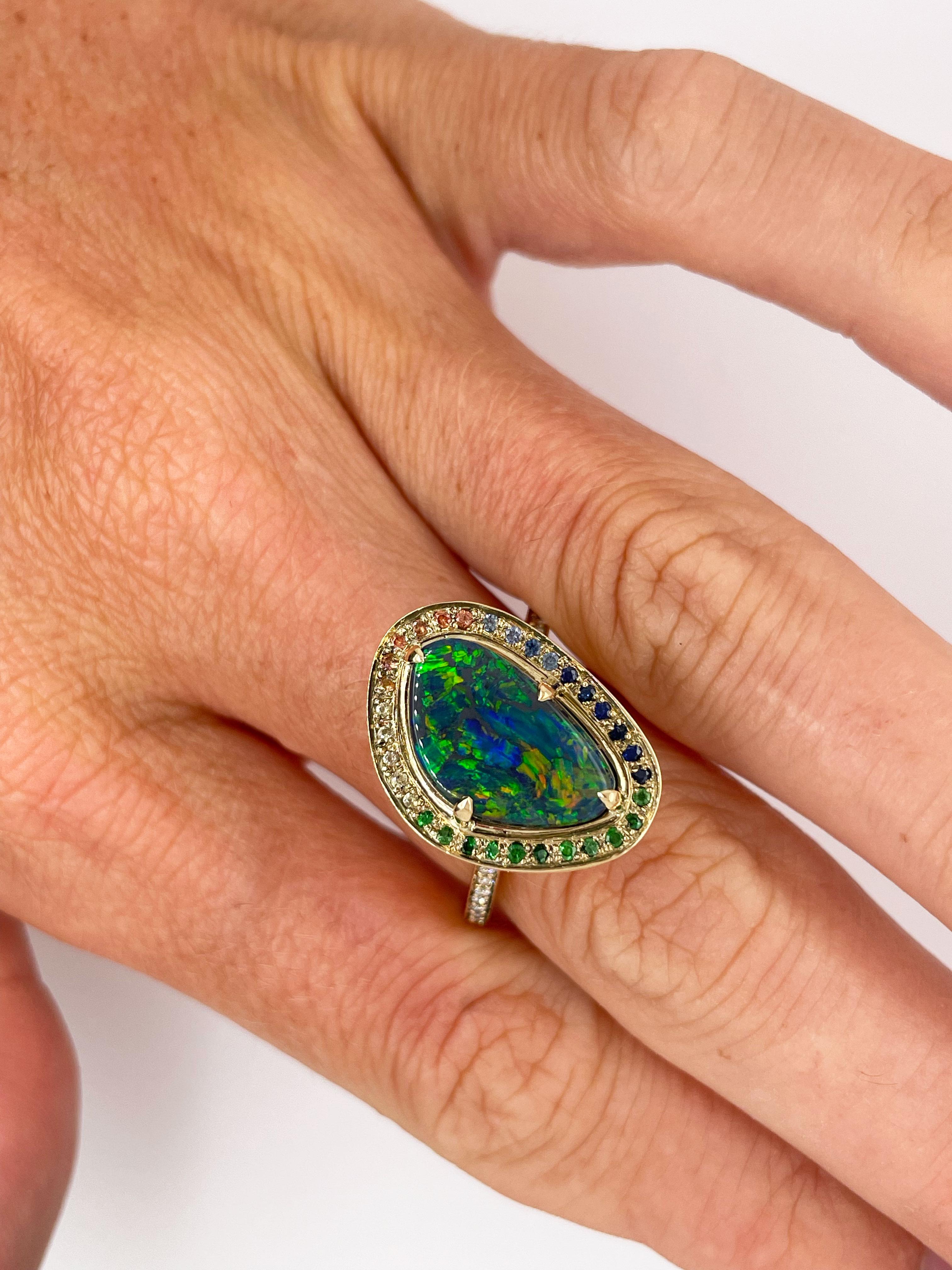 For Sale:  Rainbow Black Australian Opal Ring with Sapphires and 18ct Yellow Gold 7
