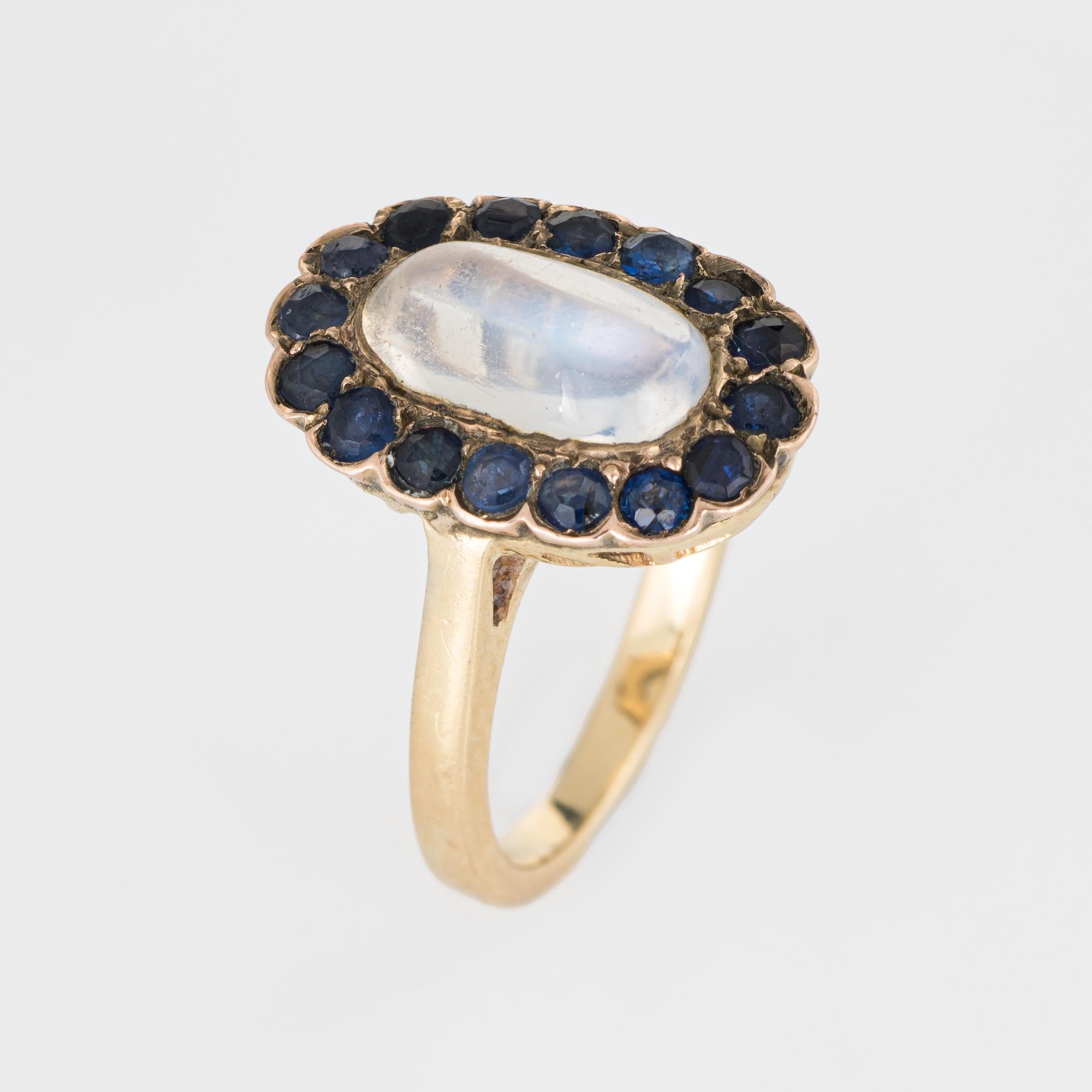 Stylish vintage moonstone & sapphire cocktail ring (circa 1950s to 1960s) crafted in 14 karat yellow gold. 

Cabochon cut moonstone measures 11mm x 6mm (estimated a 2.50 carats) is accented with 16 estimated 0.04 carat faceted round cut blue