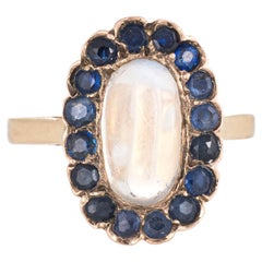 Rainbow Blue Moonstone Sapphire Ring Retro 14k Gold Oval Cocktail Estate Fine