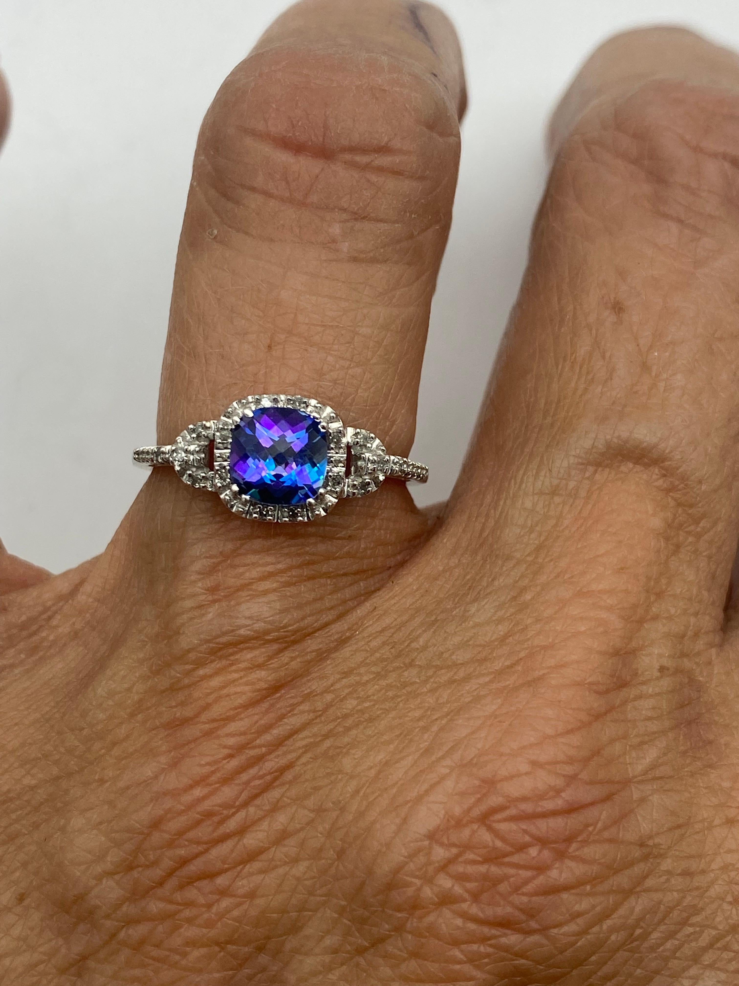 Contemporary Rainbow Blue Mystic Topaz Diamond Halo Ring White Gold For Sale