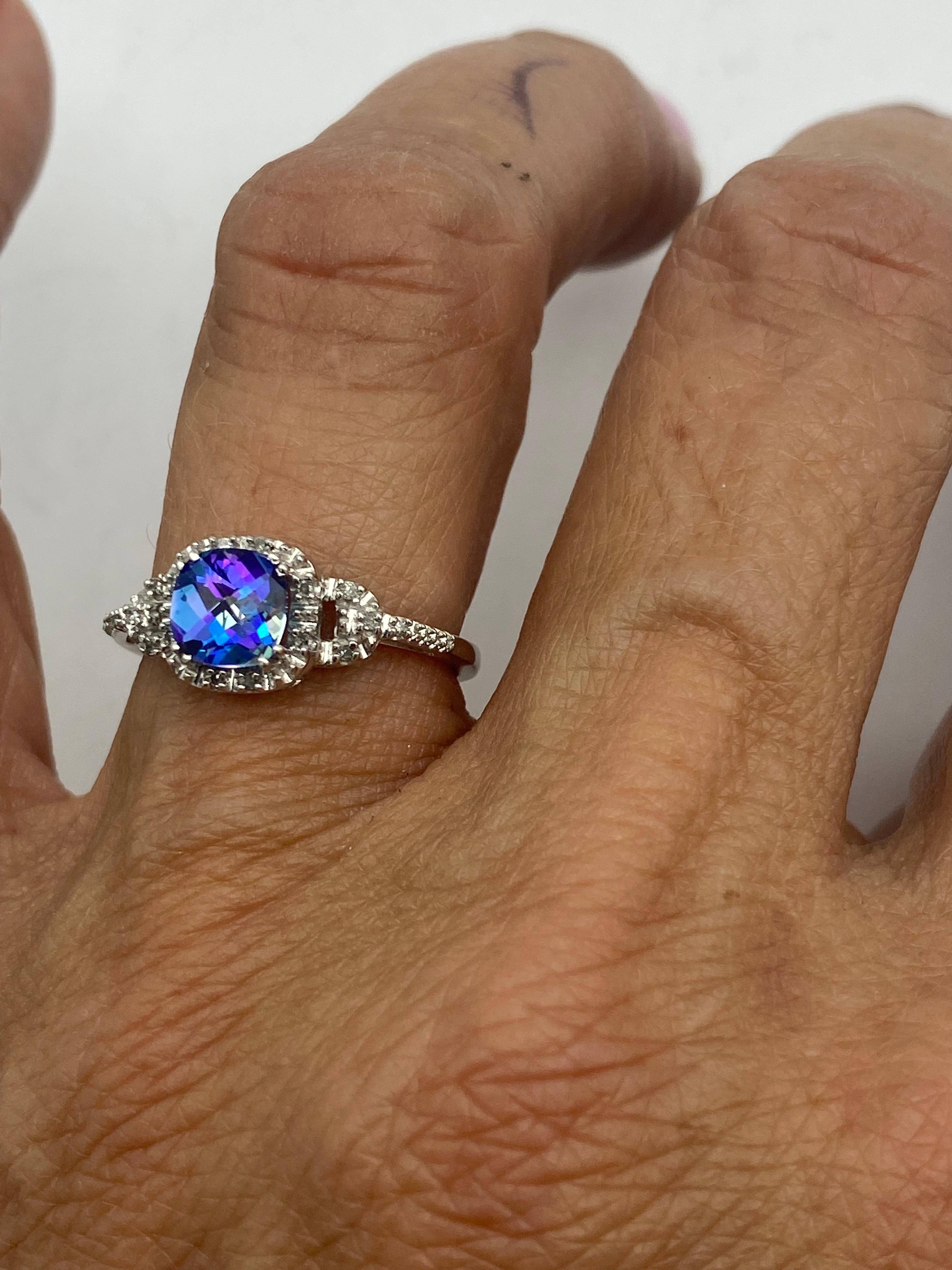 Rainbow Blue Mystic Topaz Diamond Halo Ring White Gold In Excellent Condition For Sale In Laguna Hills, CA