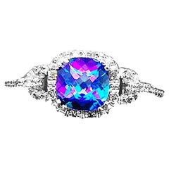 Rainbow Blue Mystic Topaz Diamond Halo Ring White Gold