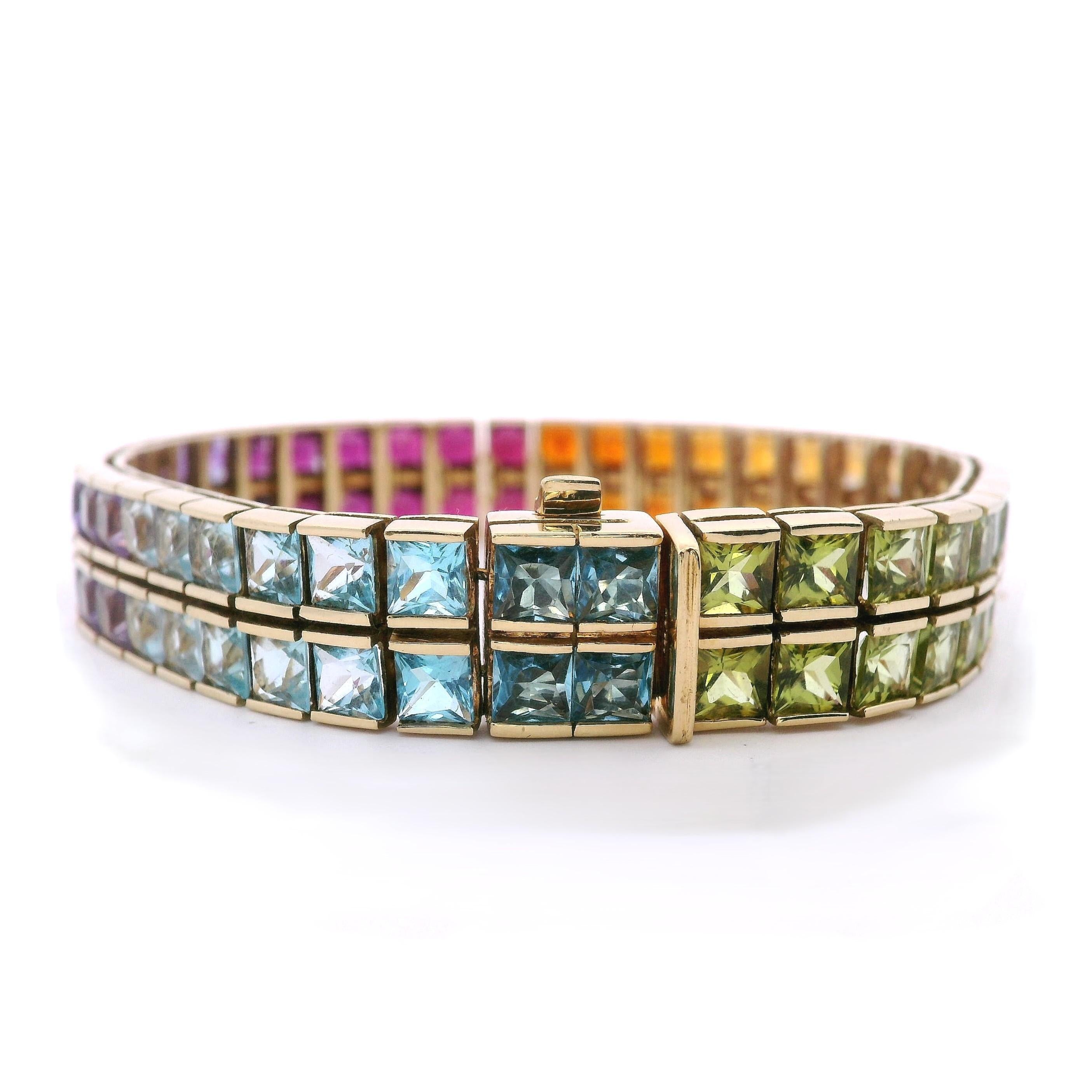 Bracelet arc-en-ciel en or jaune 18kt avec 36,90 cts de pierres précieuses multicolores en vente 1