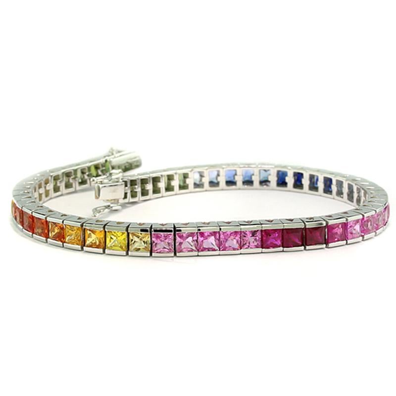 Princess Cut Rainbow bracelet with sapphires, 12.50 carats, 750 white gold with certificate For Sale