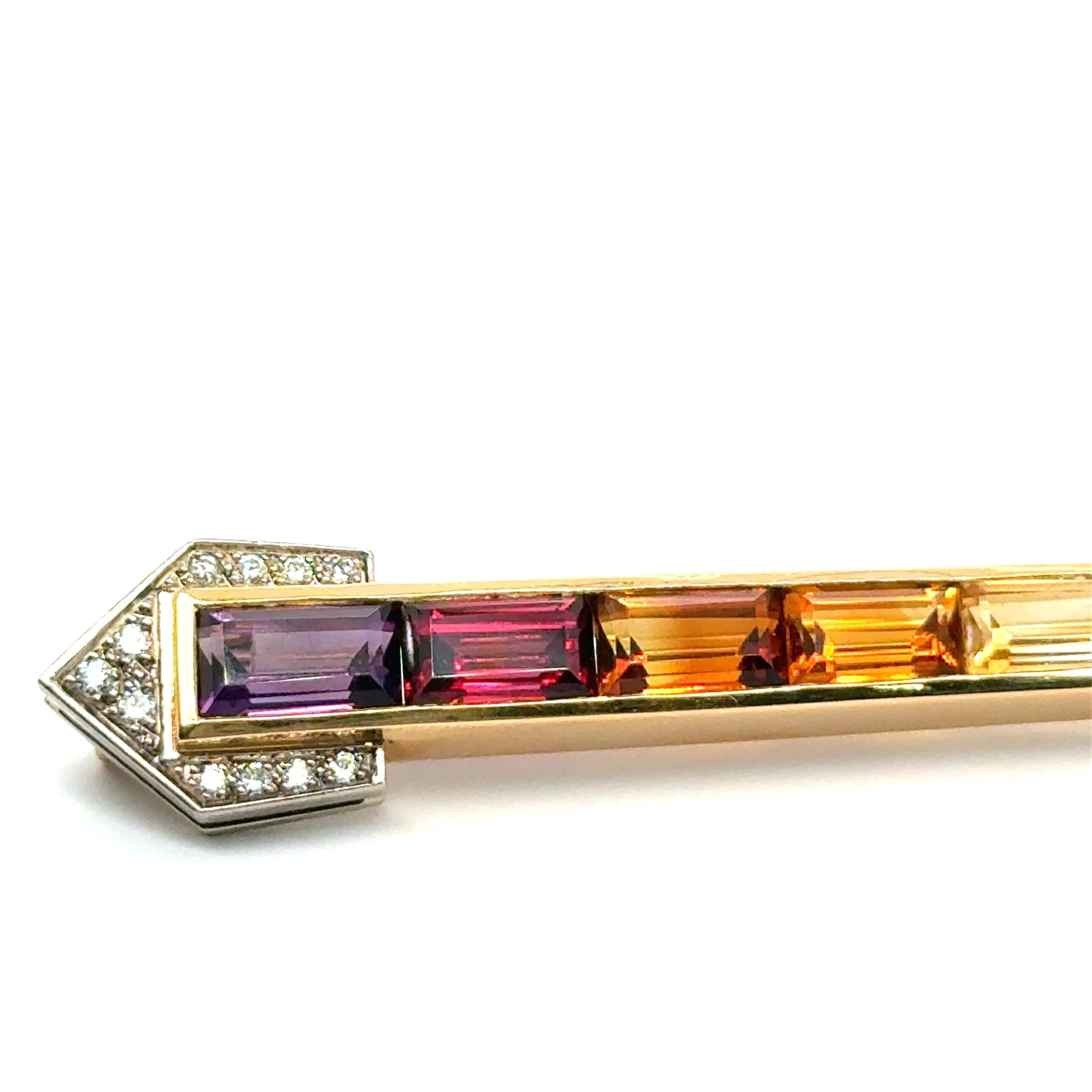 Modern Rainbow Brooch with Amethyst, Citrine & Aquamarine in 18 Karat Yellow Gold For Sale