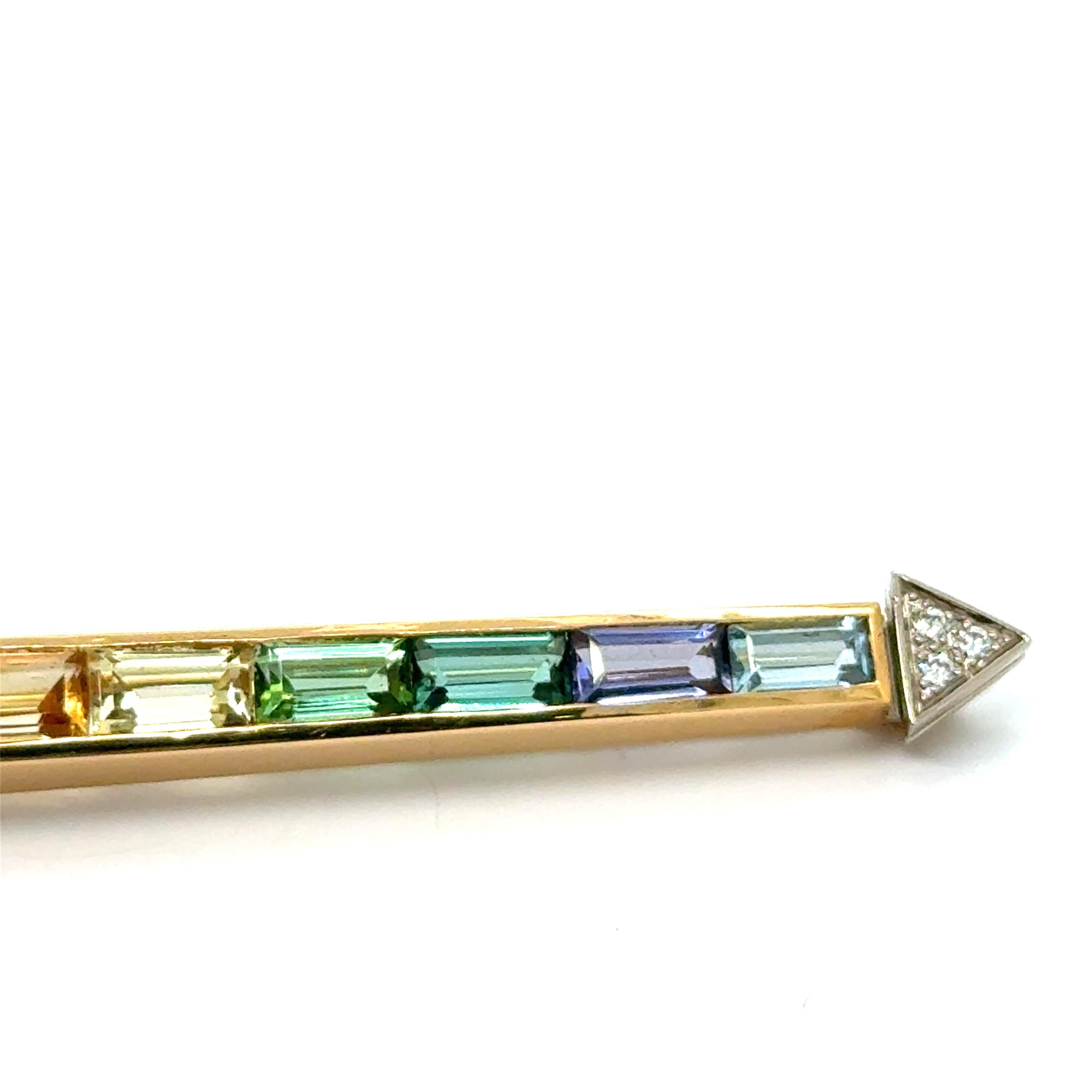 Baguette Cut Rainbow Brooch with Amethyst, Citrine & Aquamarine in 18 Karat Yellow Gold For Sale