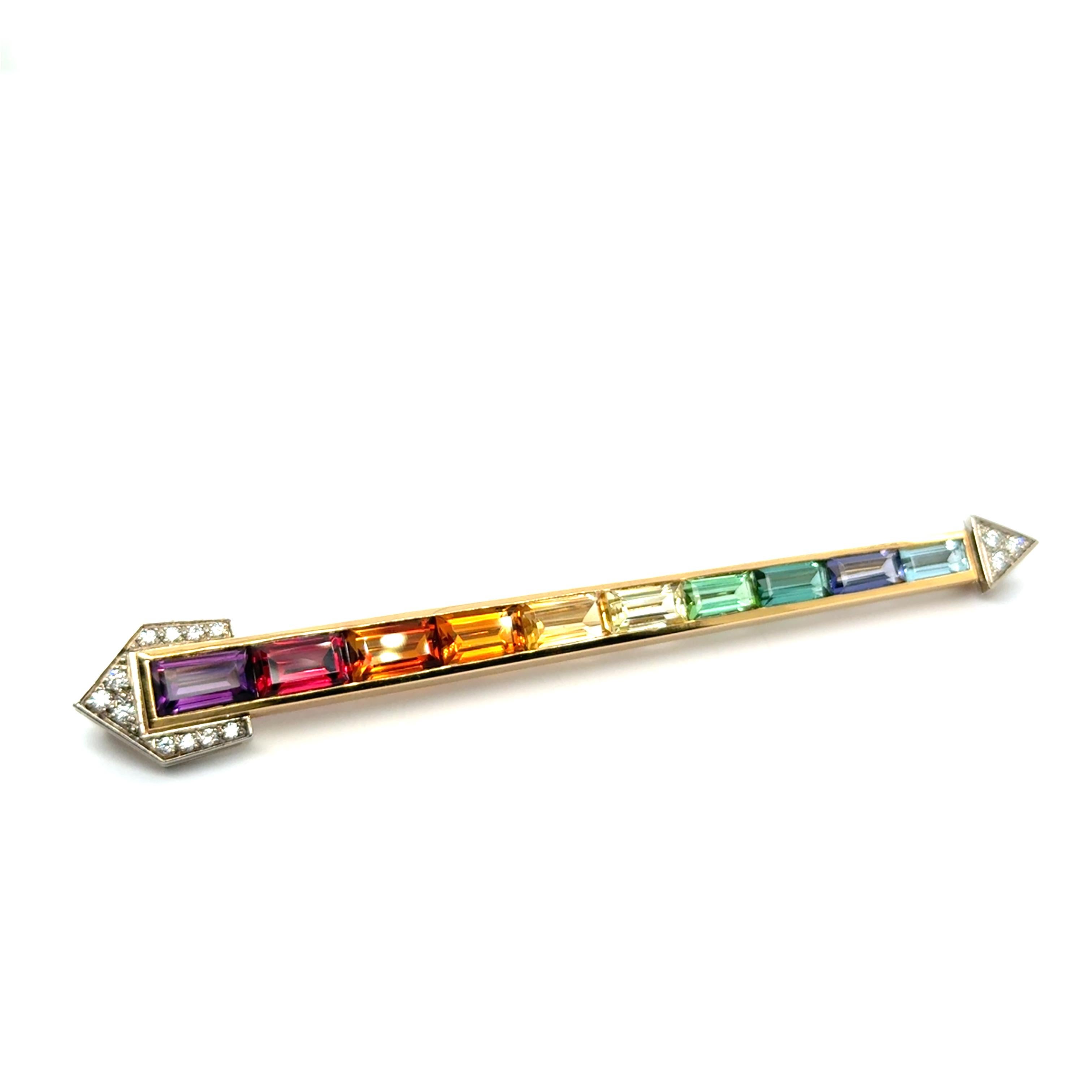 Women's or Men's Rainbow Brooch with Amethyst, Citrine & Aquamarine in 18 Karat Yellow Gold For Sale