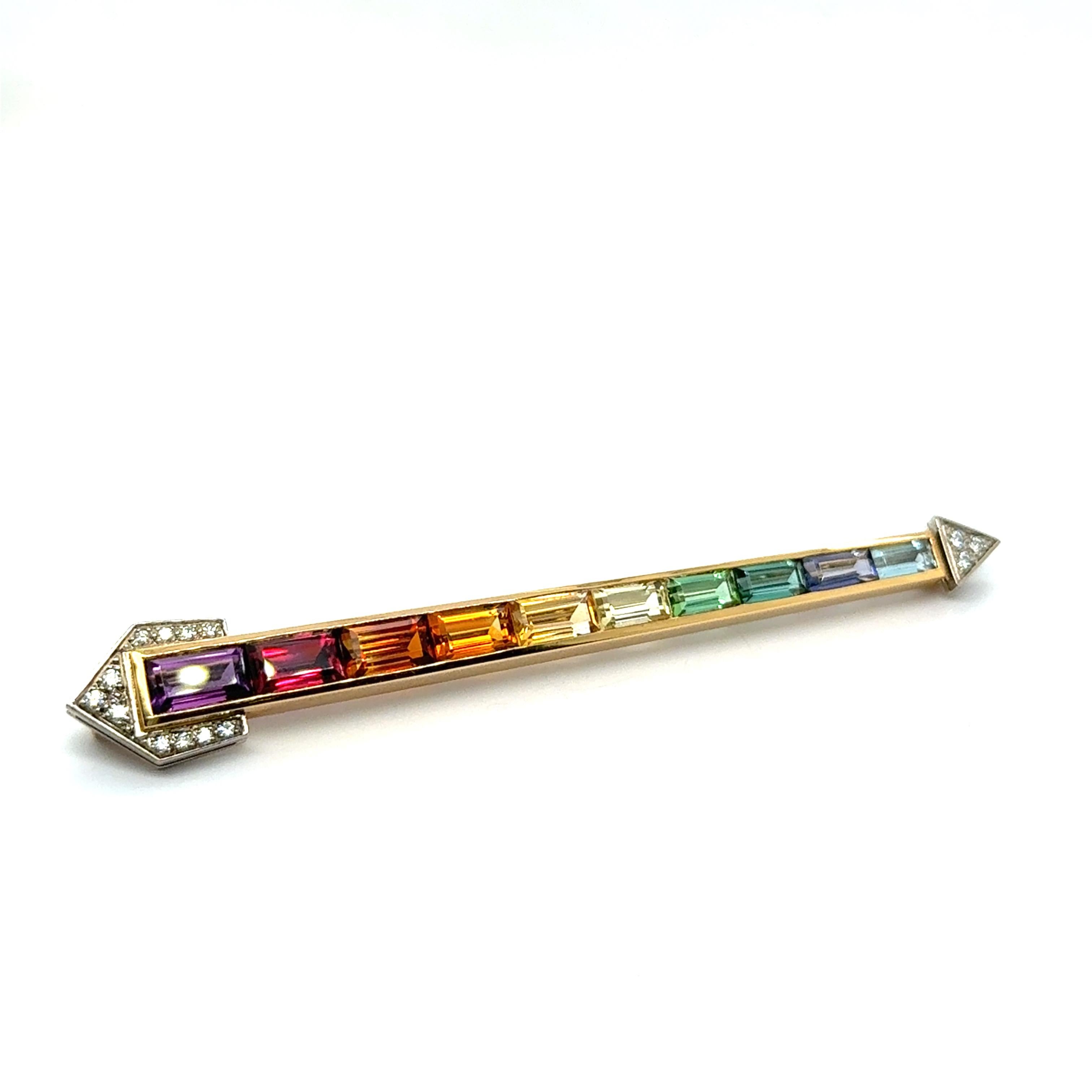 Rainbow Brooch with Amethyst, Citrine & Aquamarine in 18 Karat Yellow Gold For Sale 2