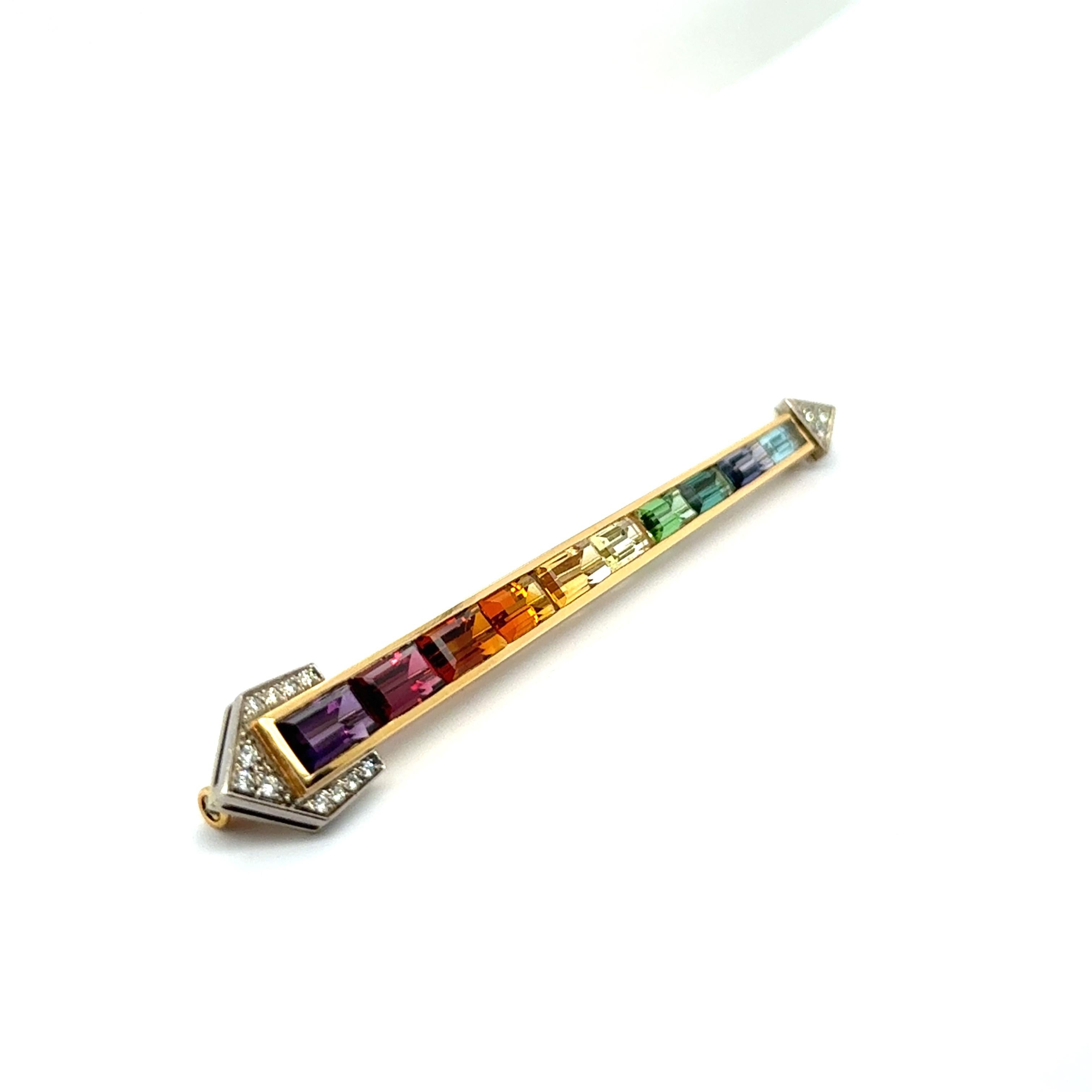 Rainbow Brooch with Amethyst, Citrine & Aquamarine in 18 Karat Yellow Gold For Sale 3