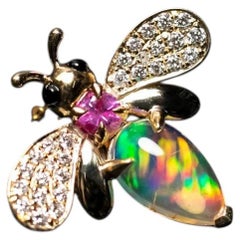 Rainbow Bumble Bee Mexican Fire Opal Pink Sapphire Diamond Pendant 18K