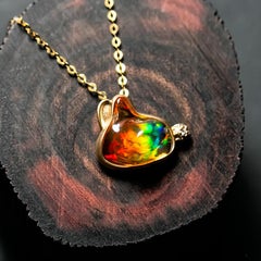 Rainbow Bunny Mexican Fire Opal & Diamond Pendant Necklace 18K Yellow Gold