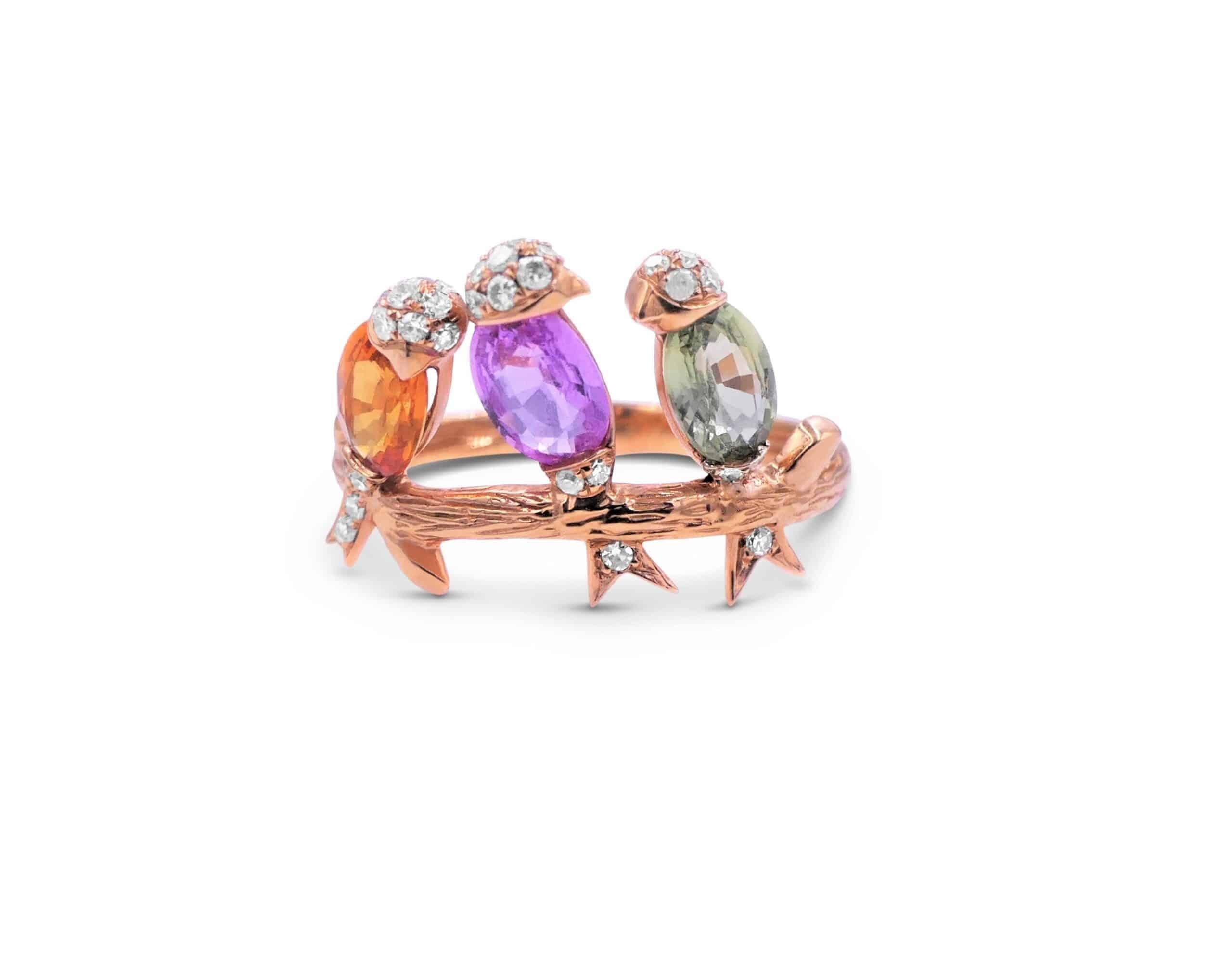 Diamond Rainbow Sapphire Gemstone Bird Canaries Parrots Rose Gold Cocktail Ring
18 Karat Rose Gold
Genuine Diamonds Sapphires & Amethyst
2.00 CTW Diamonds & Gemstones
Current Regular Size 7
Very Unique, Whimsical Design - One of a Kind
