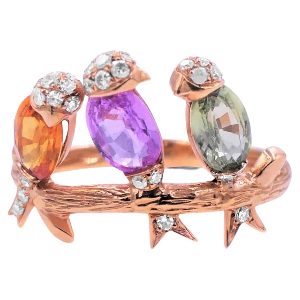 Diamond Rainbow Sapphire Gemstone Bird Canaries Parrots Rose Gold Cocktail Ring For Sale