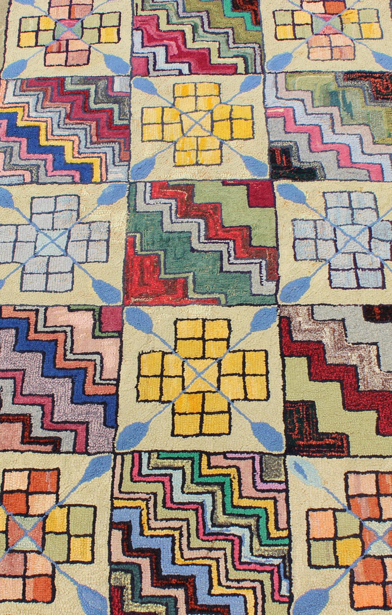 Mid-20th Century Rainbow Checkerboard Vintage American Hooked Rug with Geometric Cross Designs