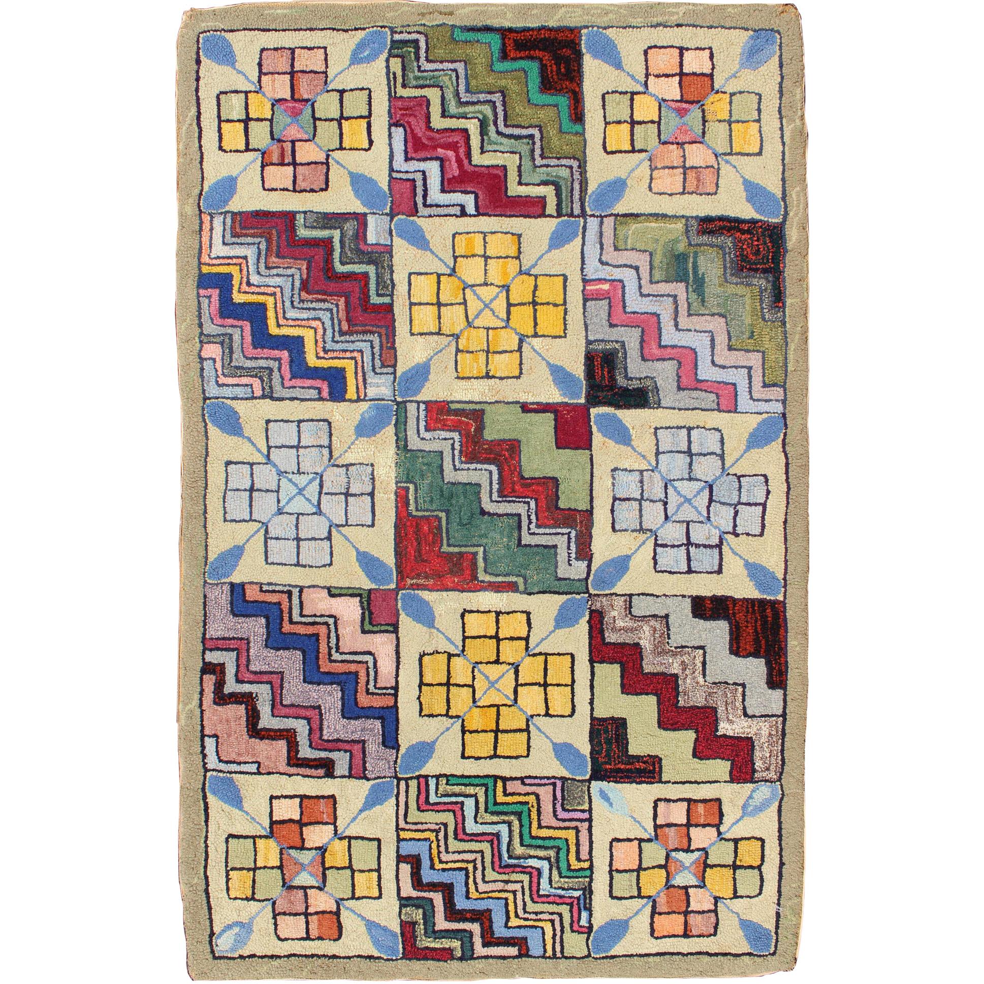 Rainbow Checkerboard Vintage American Hooked Rug with Geometric Cross Designs