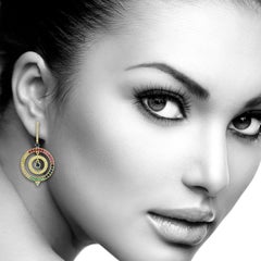 Rainbow Color Multi Gemstone Circle Dangle Earrings With Diamonds in 18k Gold