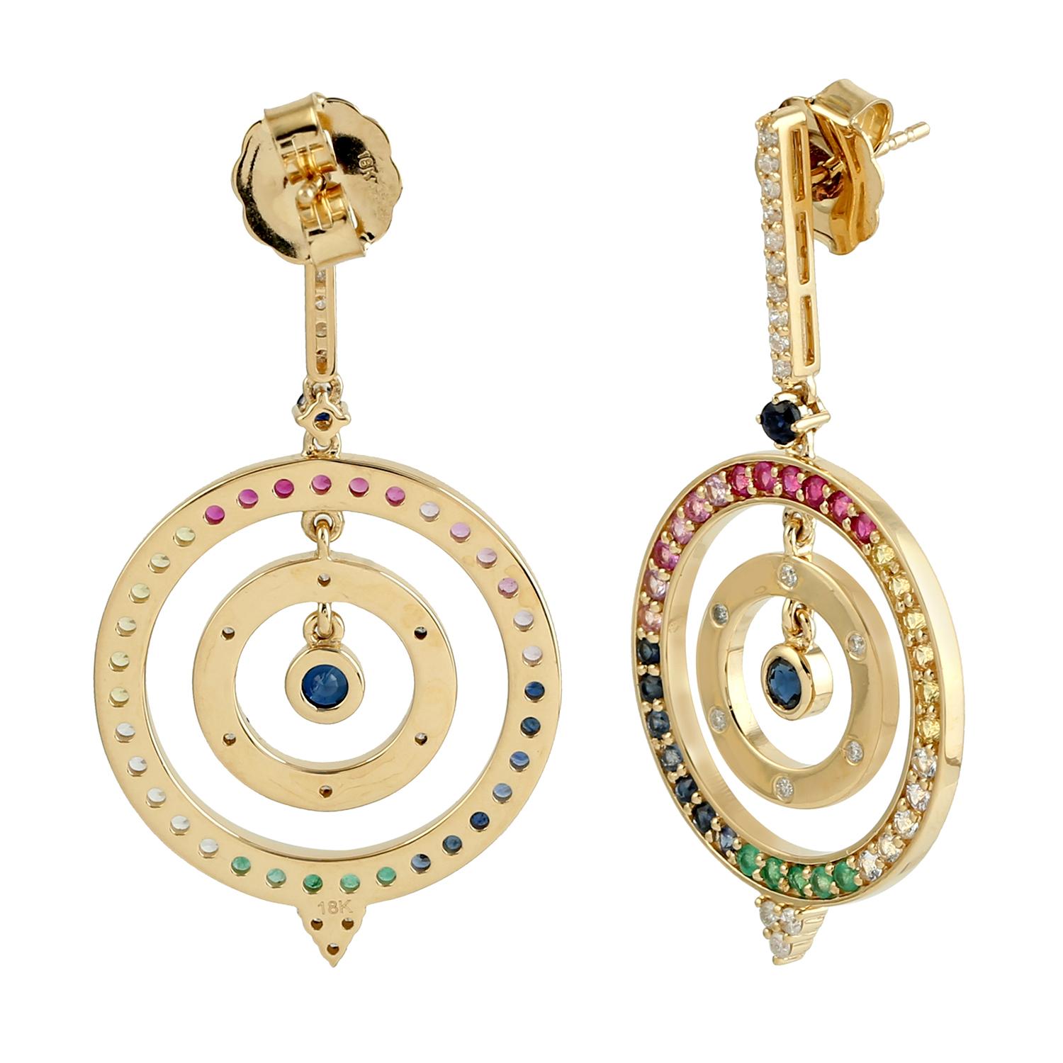 Contemporary Rainbow Color Multi Gemstone Circle Dangle Earrings With Diamonds in 18k Gold For Sale