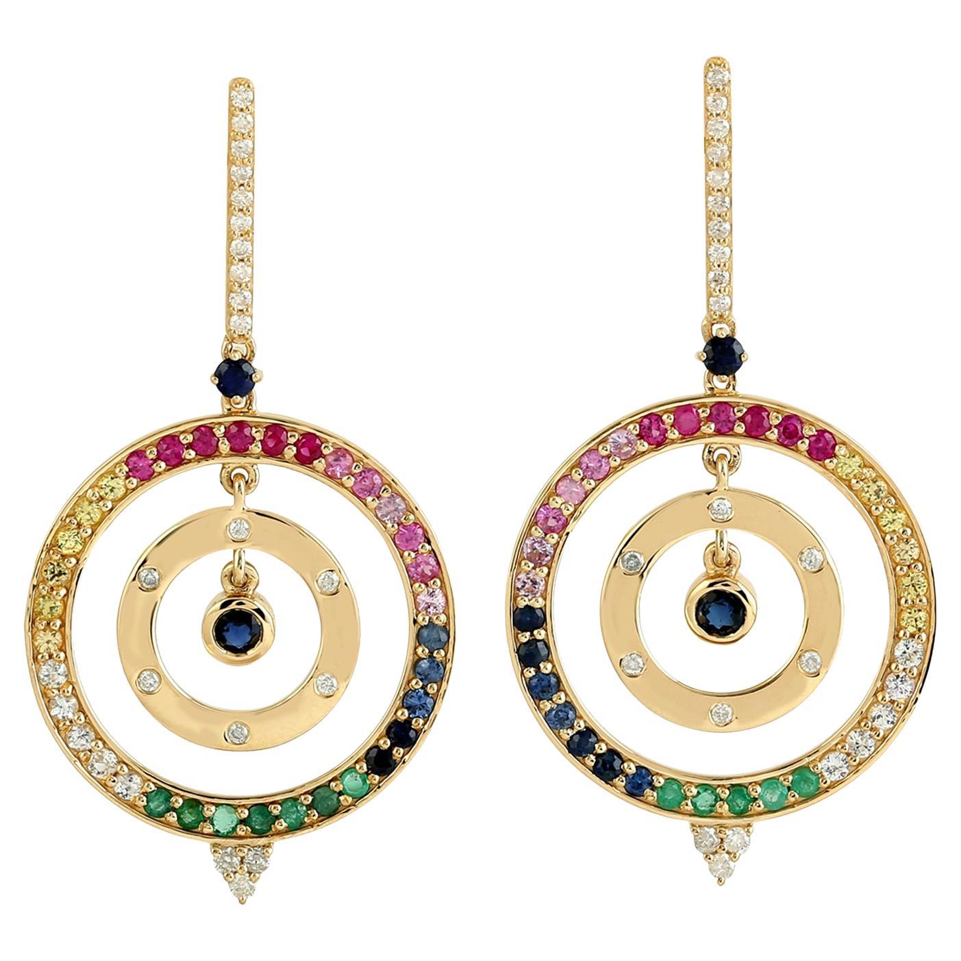 Rainbow Color Multi Gemstone Circle Dangle Earrings With Diamonds in 18k Gold For Sale