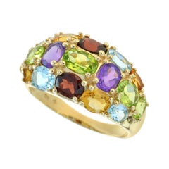 Rainbow Color Multi Gemstones Vintage Style Cluster Dome 14K Yellow Gold Ring