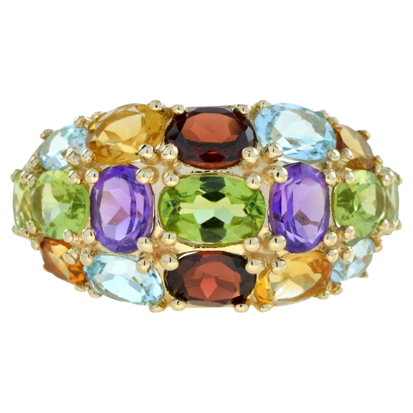 Anello in oro giallo 14 carati con multi pietre arcobaleno e stile vintage a forma di cluster