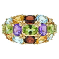 Rainbow Color Multi Gemstones Vintage Style Cluster Dome 14K Yellow Gold Ring