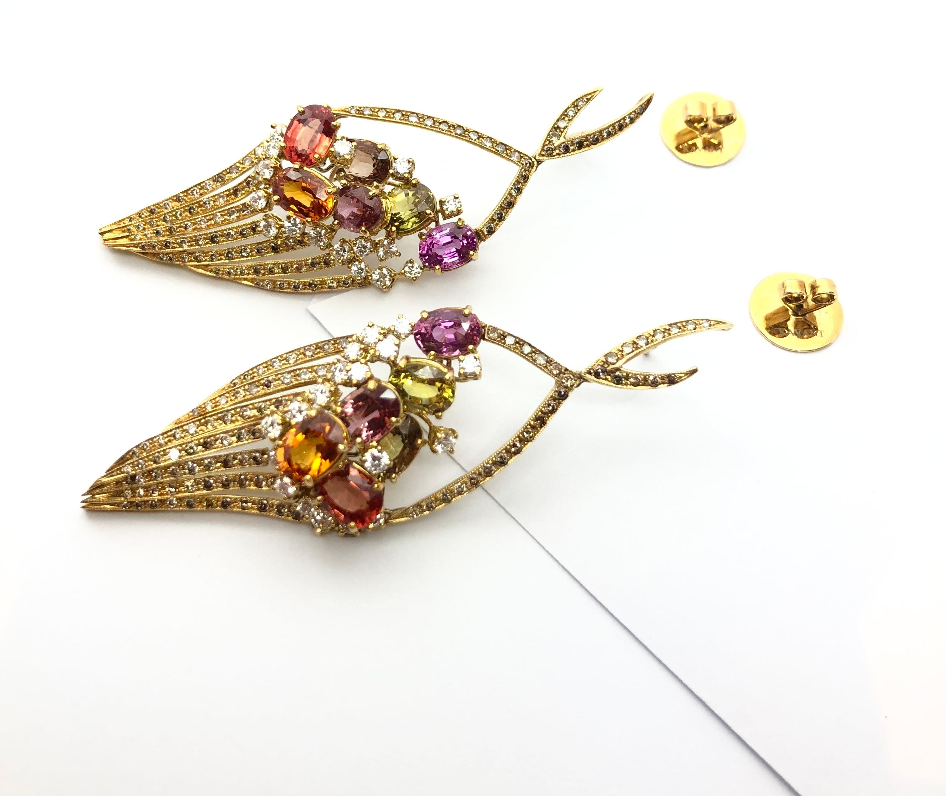 Rainbow Color Sapphire, Brown Diamond and Diamond Earrings Set in 18 Karat Gold For Sale 2