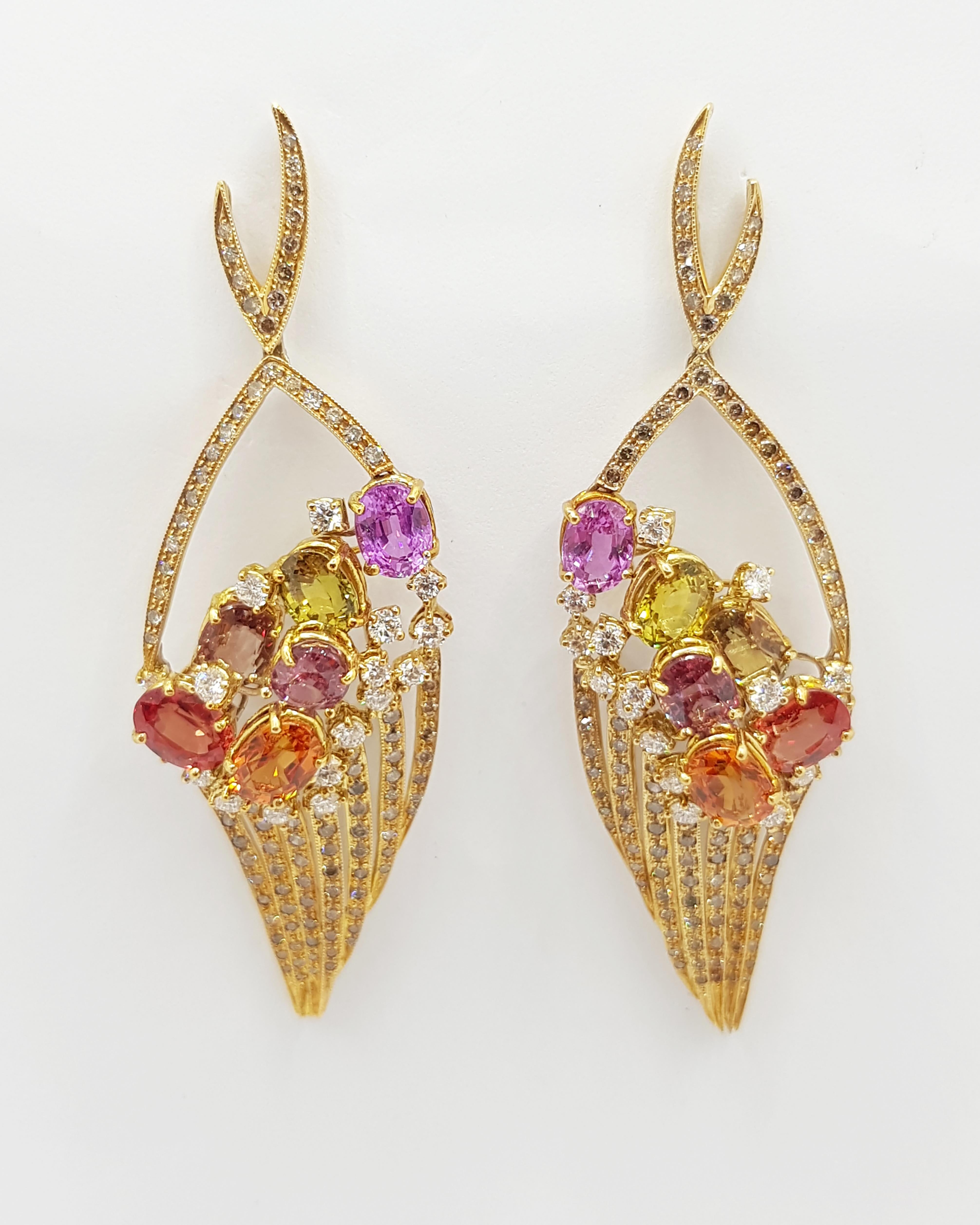 Rainbow Color Sapphire, Brown Diamond and Diamond Earrings Set in 18 Karat Gold For Sale 3