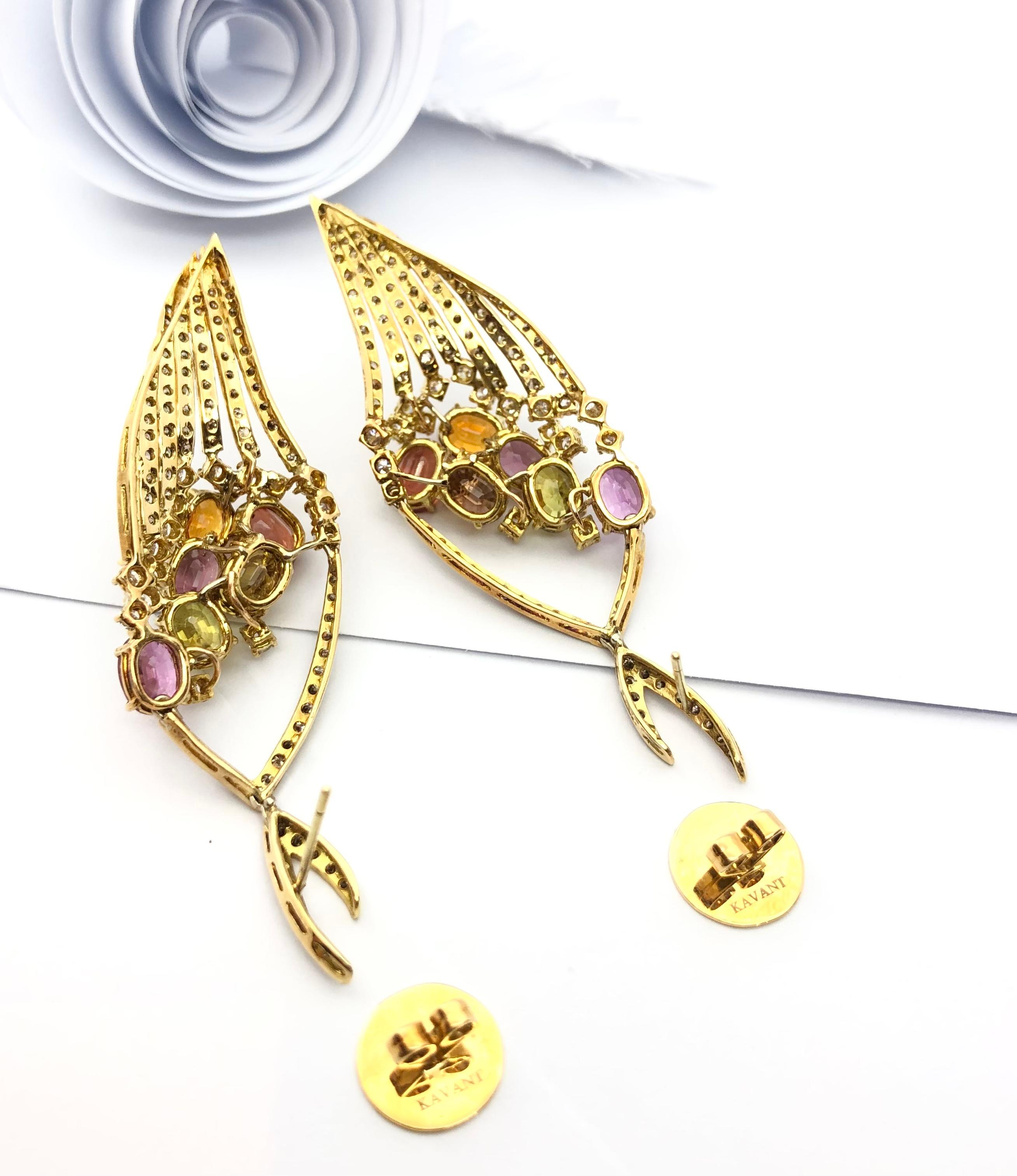 Rainbow Color Sapphire, Brown Diamond and Diamond Earrings Set in 18 Karat Gold For Sale 4