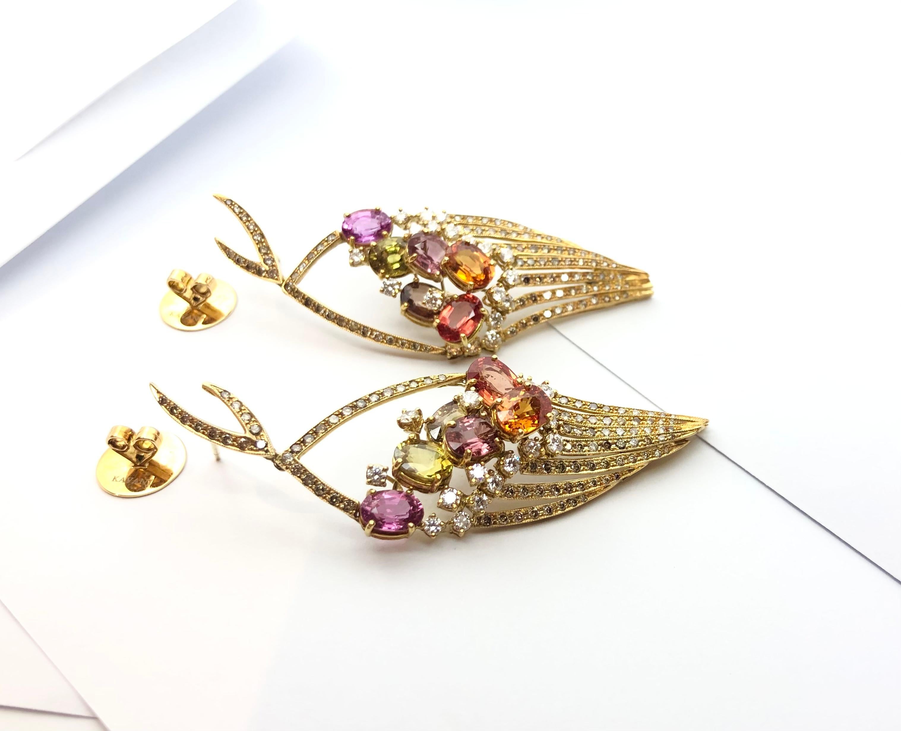 Rainbow Color Sapphire, Brown Diamond and Diamond Earrings Set in 18 Karat Gold For Sale 5